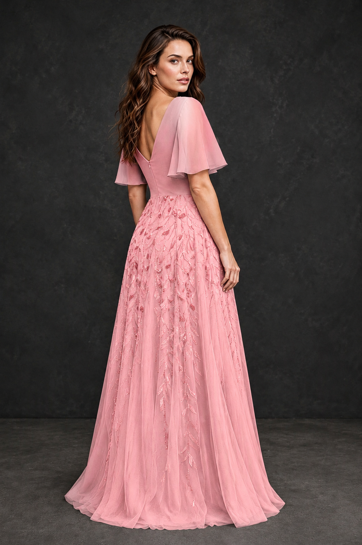 BOLODOO Pink V-Neck Flutter Sleeve Beaded Botanical Tulle A-Line Gown | Mother of the Bride Evening Dress - Pink - Pink_2