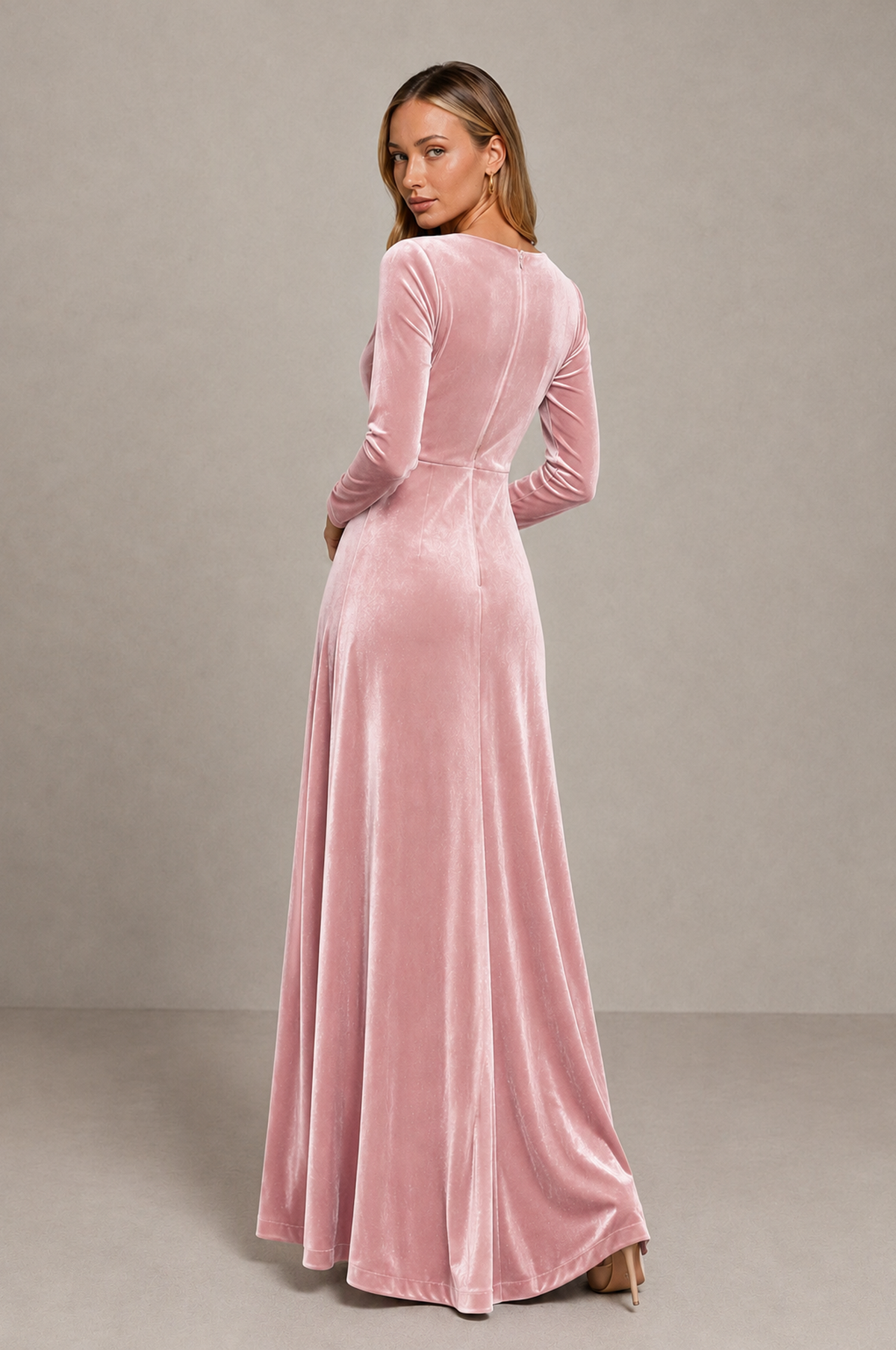 BOLODOO Pink Velvet Long Sleeve V-Neck Ruched Evening Dress - Pink - Pink_2