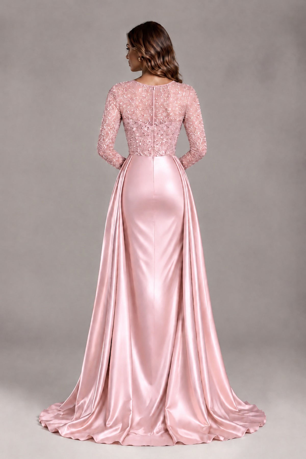 BOLODOO Pink Long Sleeve Embellished Satin Evening Gown with Sweep Train - Pink - Pink_2