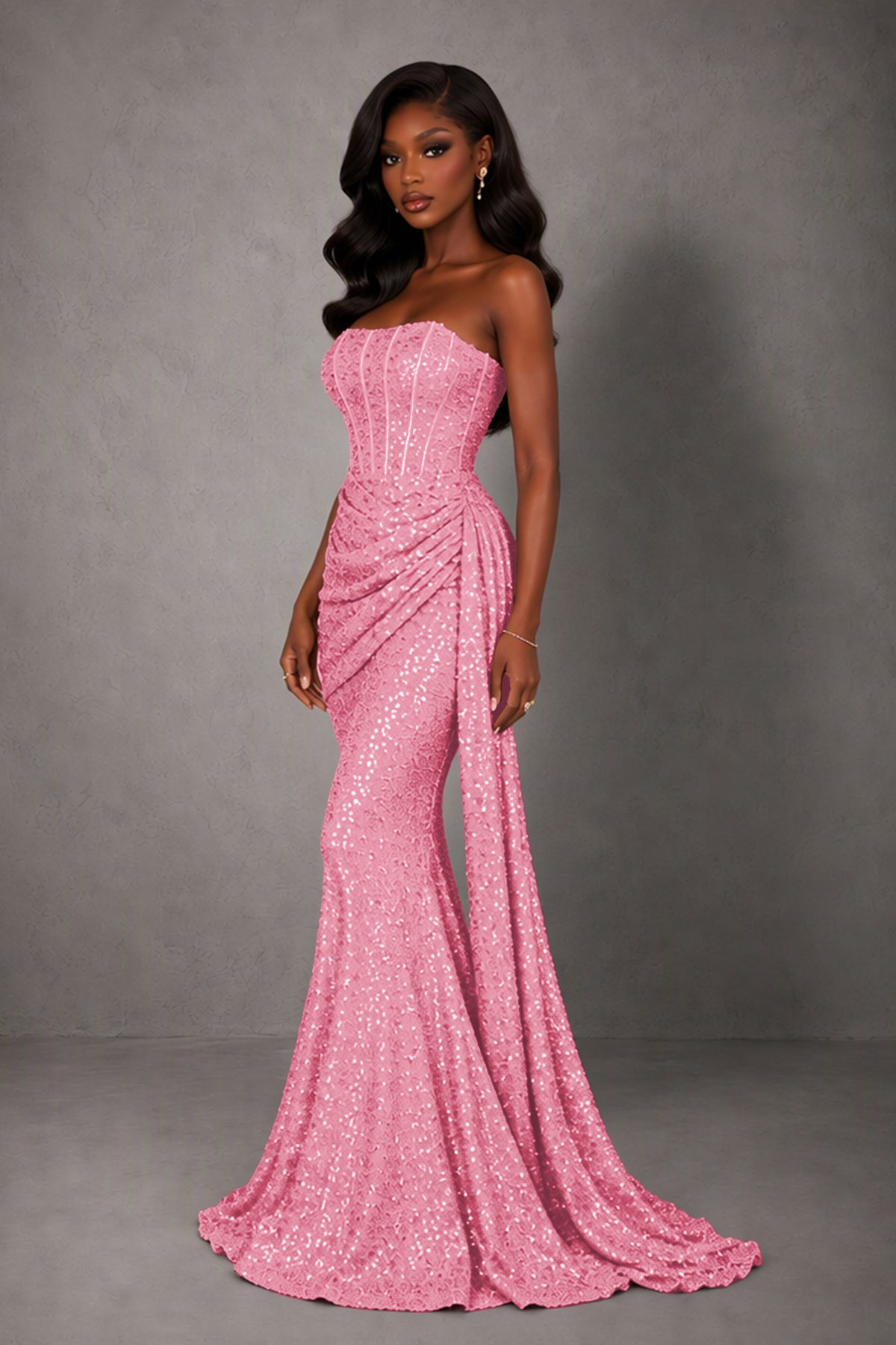 BOLODOO Pink Sequin Strapless Corset Mermaid Evening Gown with Train - Pink