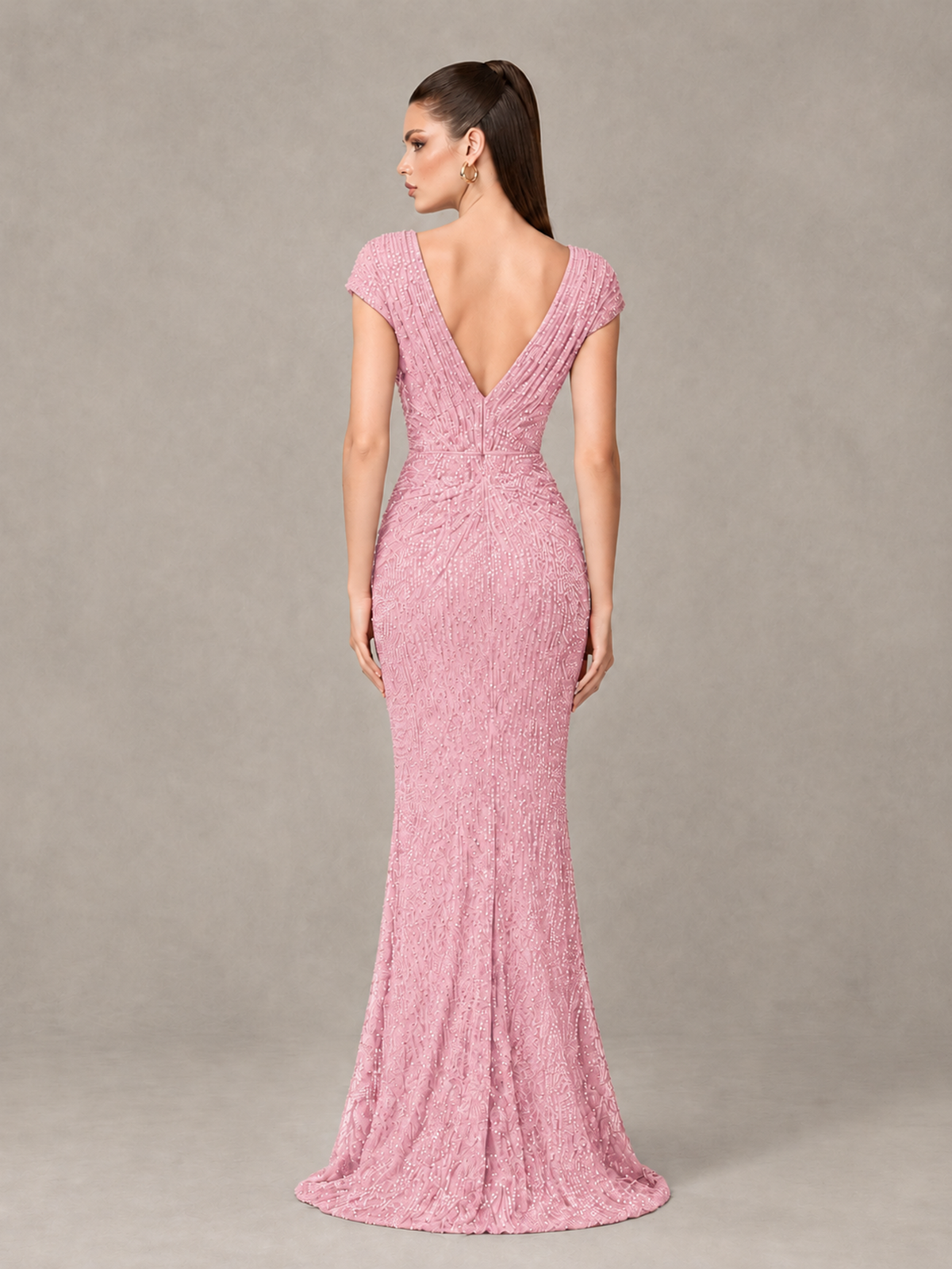 BOLODOO Pink Glitter V-Neck Cap Sleeve Ruched Mermaid Evening Gown - Pink - Pink_2