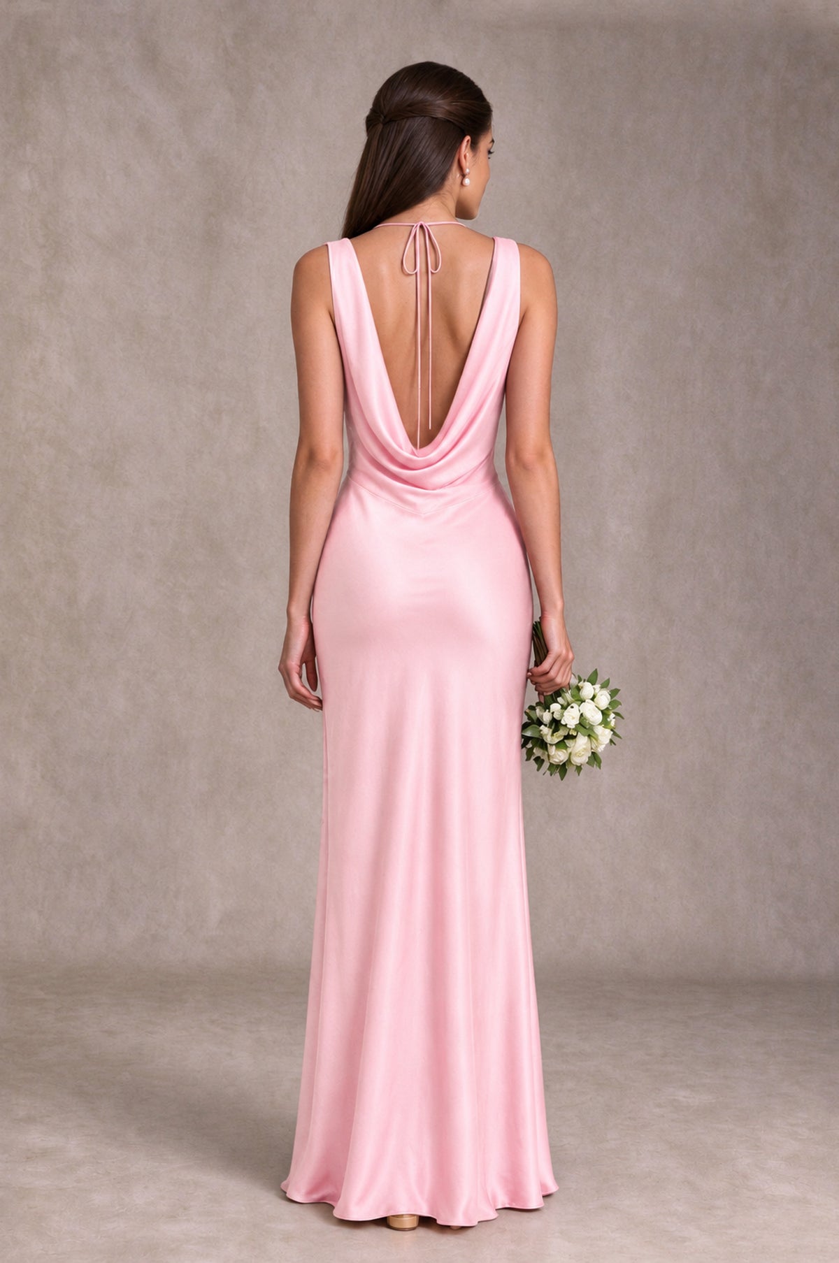BOLODOO Pink Cowl Neck Open Back Satin Bridesmaid Dress - Pink - Pink_2