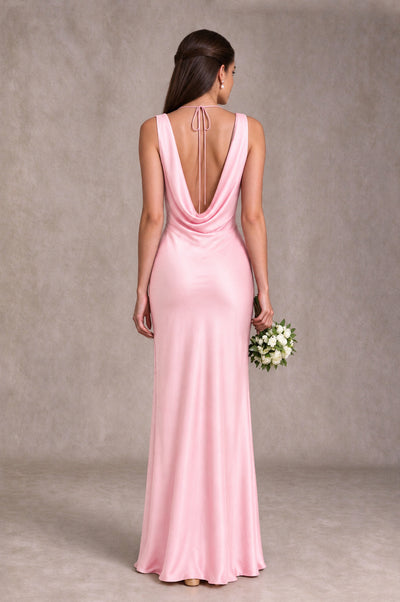 BOLODOO Pink Cowl Neck Open Back Satin Bridesmaid Dress - Pink - Pink_2