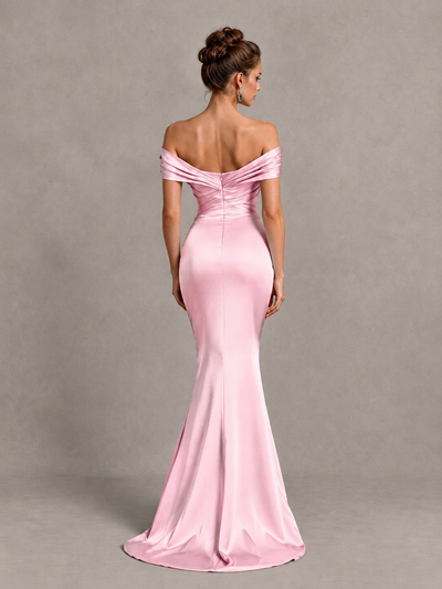 BOLODOO Pink Off-Shoulder Satin Mermaid Prom Dress - Pink - Pink_2