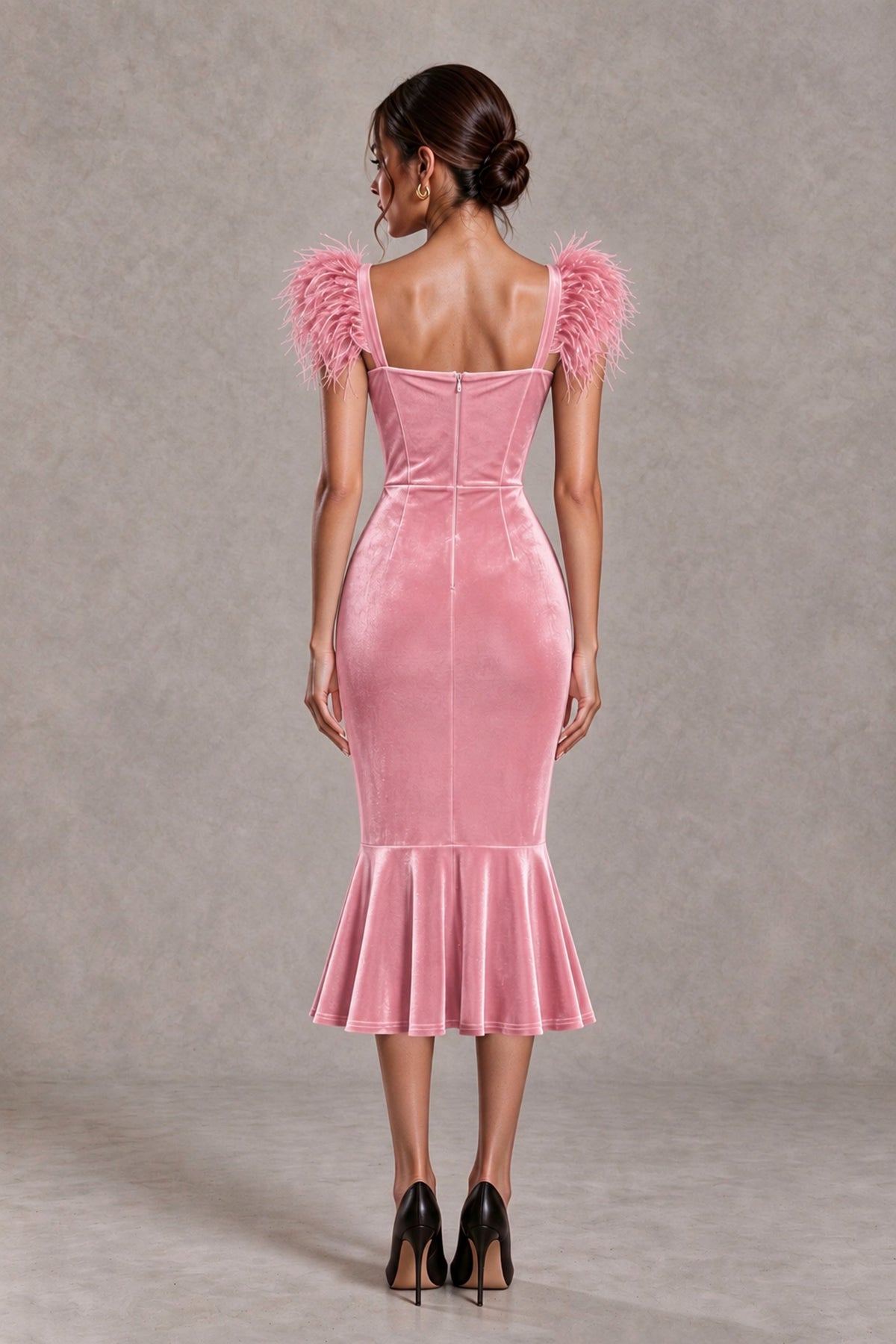 BOLODOO Pink Feather-Trim Velvet-Look Mermaid Midi Dress - Pink - Pink_2