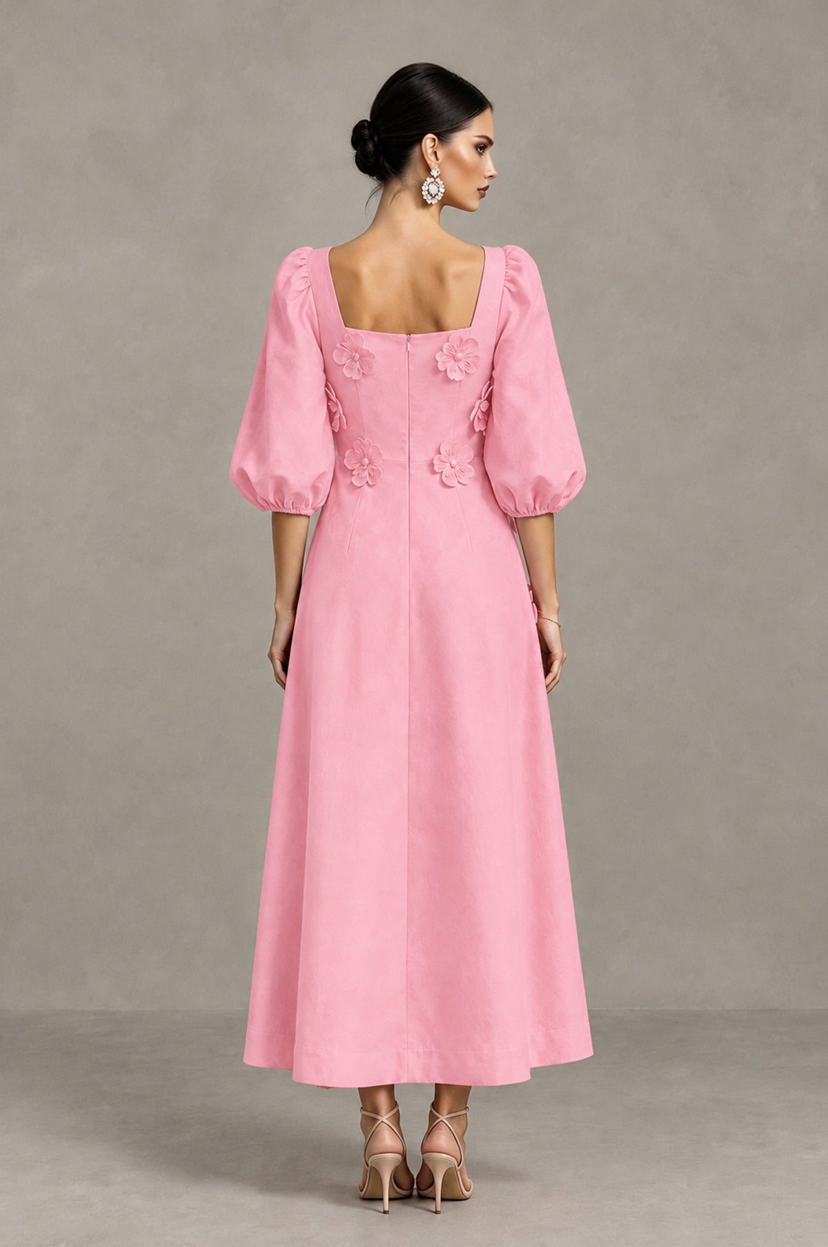 BOLODOO Pink 3D Floral Puff Sleeve Midi Cocktail Dress - Pink - Pink_2