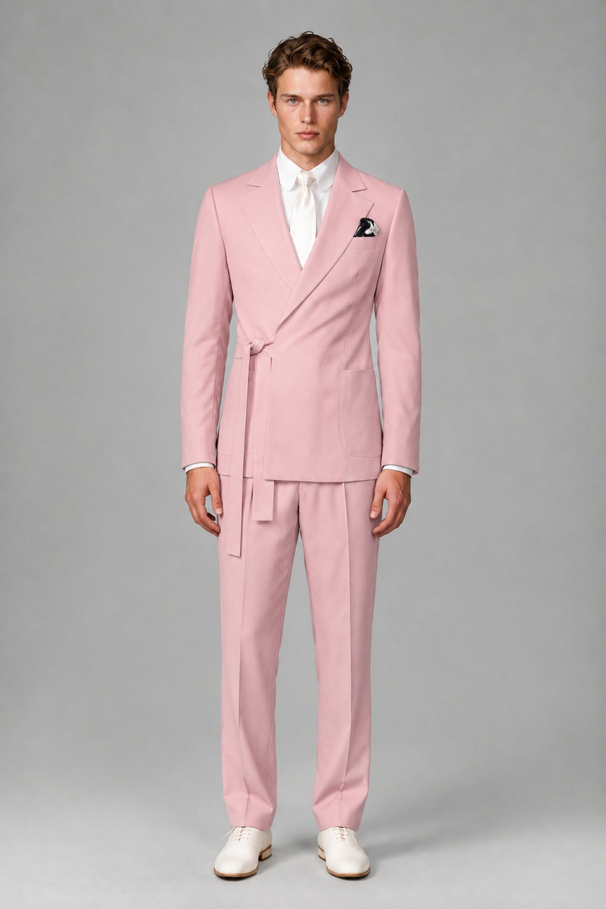 Bolodoo Men's Pink Wrap Tie-Waist Two-Piece Suit – Jacket & Trousers - Pink - Pink_2