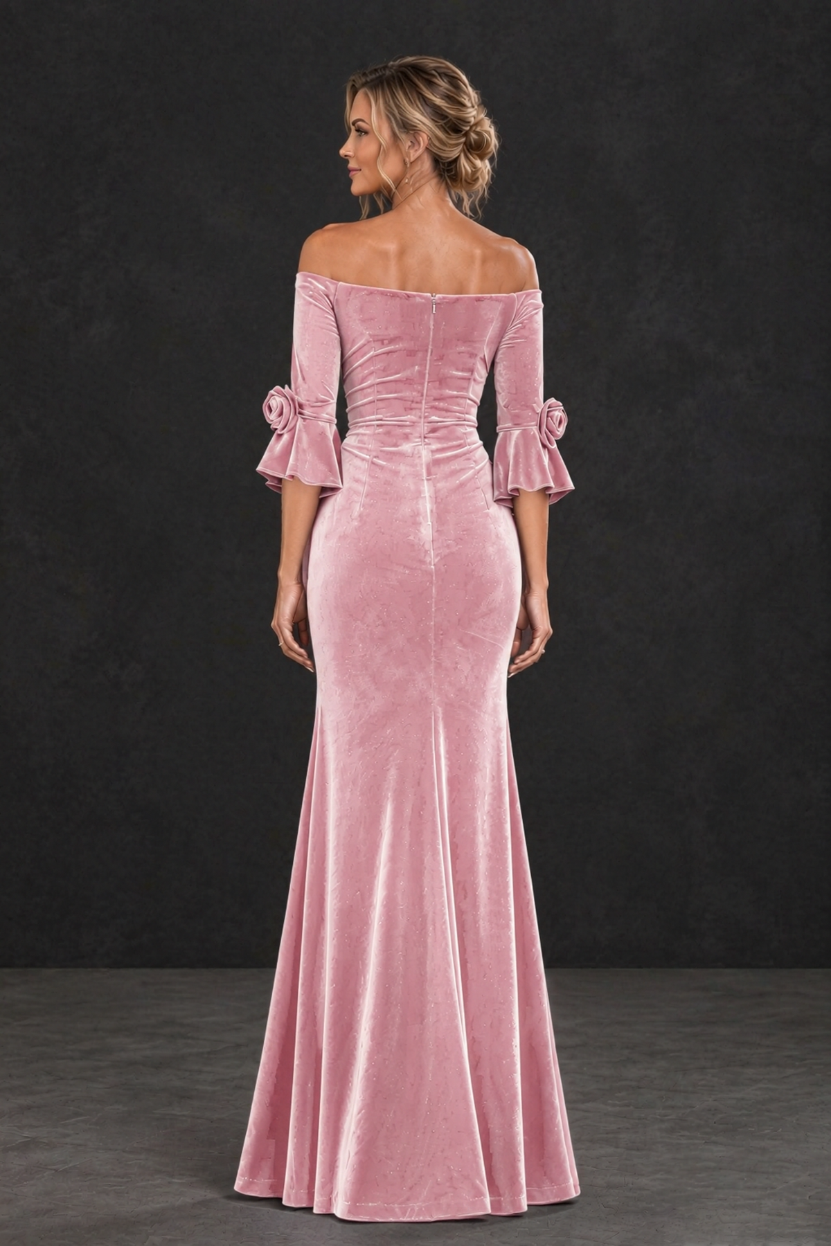 BOLODOO Pink Velvet Off-Shoulder Mother of the Bride Dress – 3/4 Floral Cuff Sleeve Mermaid Evening Gown - Pink - Pink_2