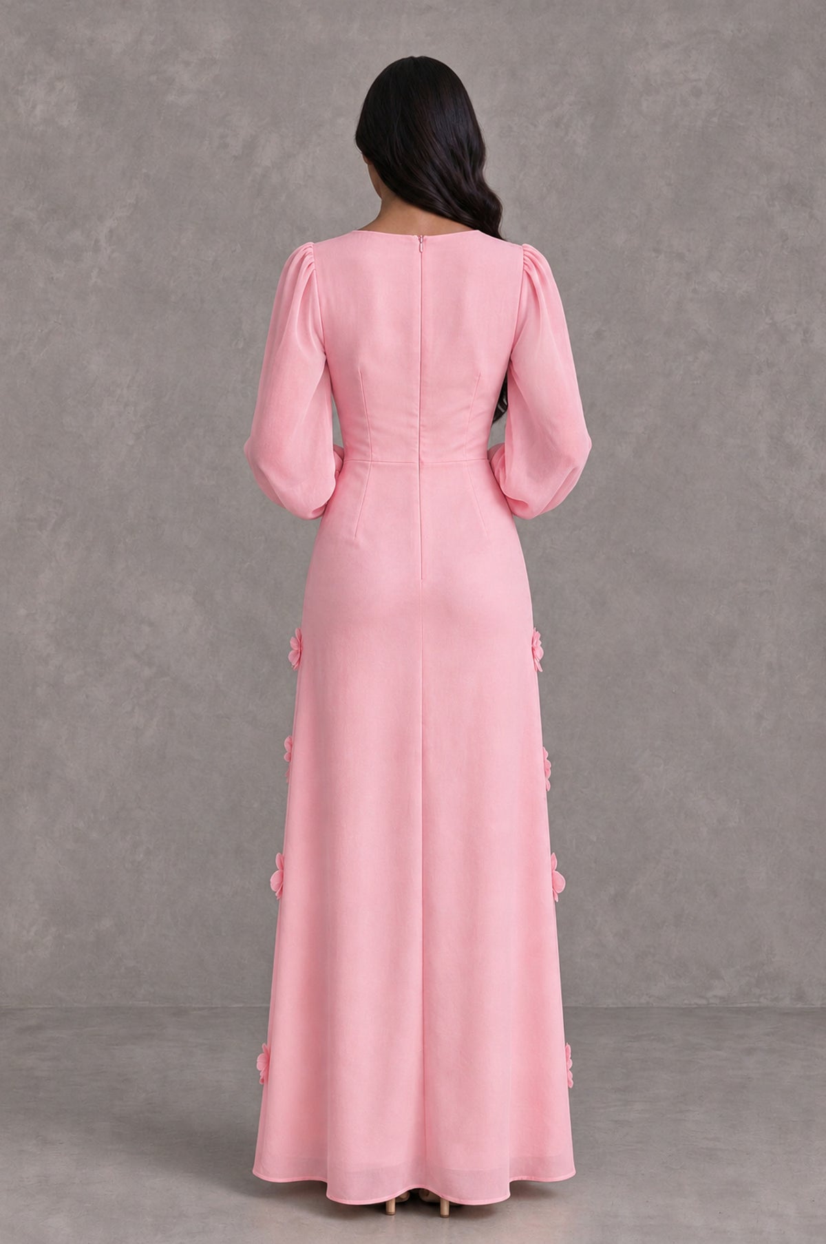 BOLODOO Pink Long Sleeve Floral Applique A-Line Evening Dress - Pink - Pink_2