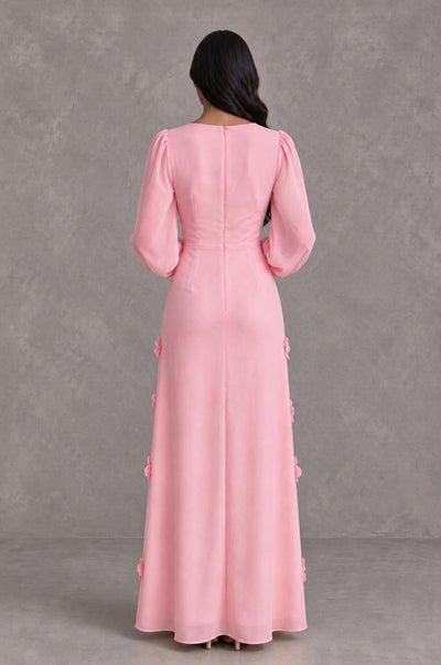 BOLODOO Pink Long Sleeve Floral Applique A-Line Evening Dress - Pink - Pink_2