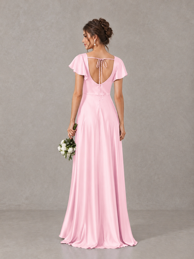 BOLODOO Pink Satin Square Neck Flutter Sleeve A-Line Bridesmaid Dress with Slit - Pink - Pink_2