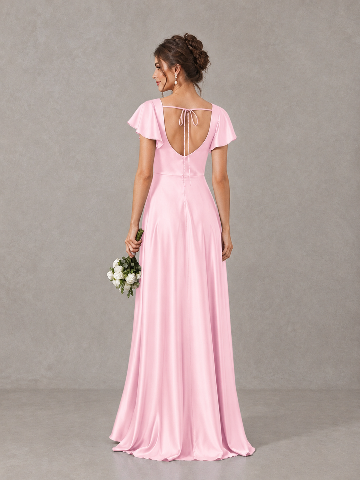BOLODOO Pink Satin Square Neck Flutter Sleeve A-Line Bridesmaid Dress with Slit - Pink - Pink_2