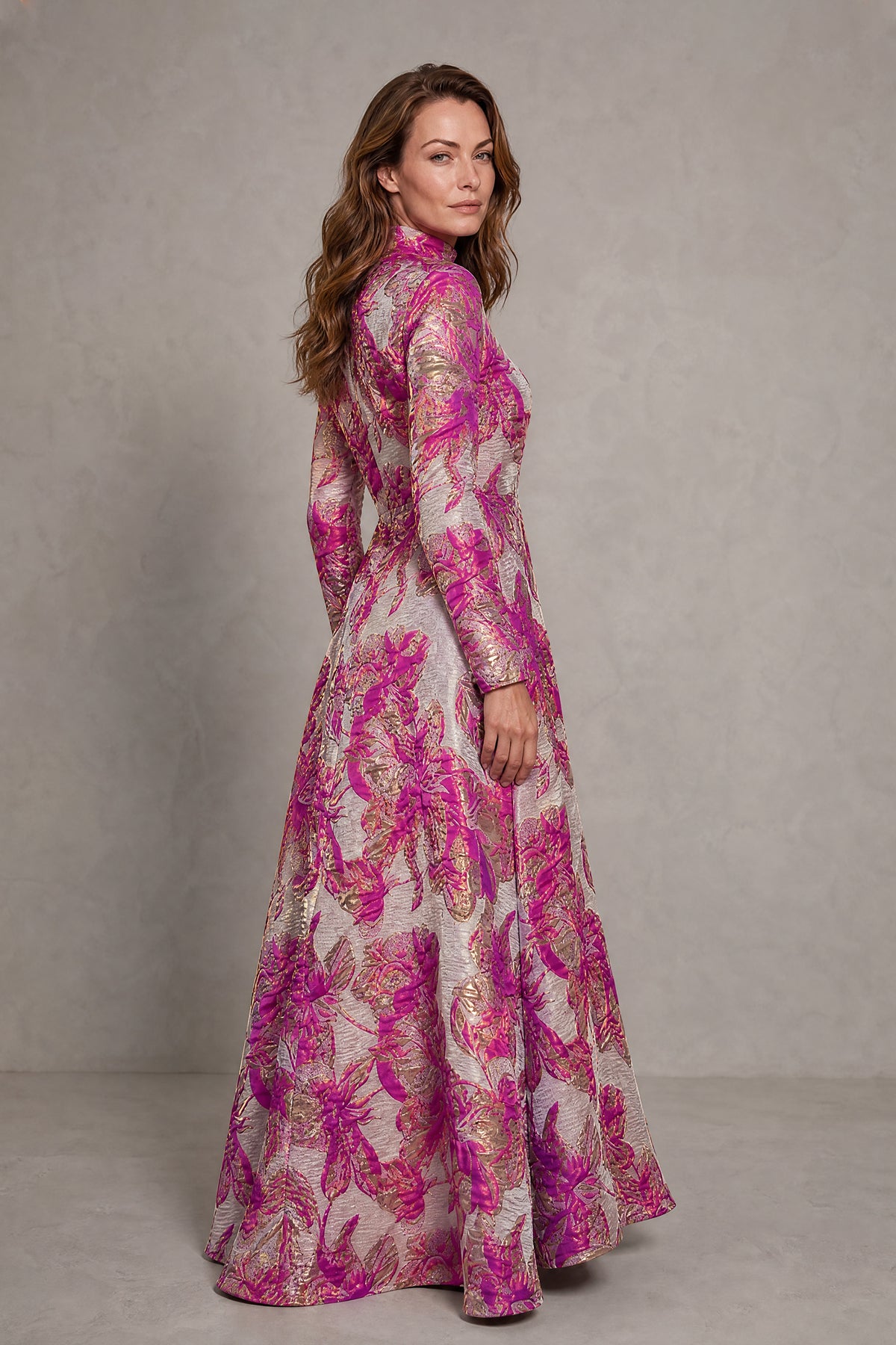 BOLODOO Pink Floral Jacquard Long Sleeve Evening Gown - Pink