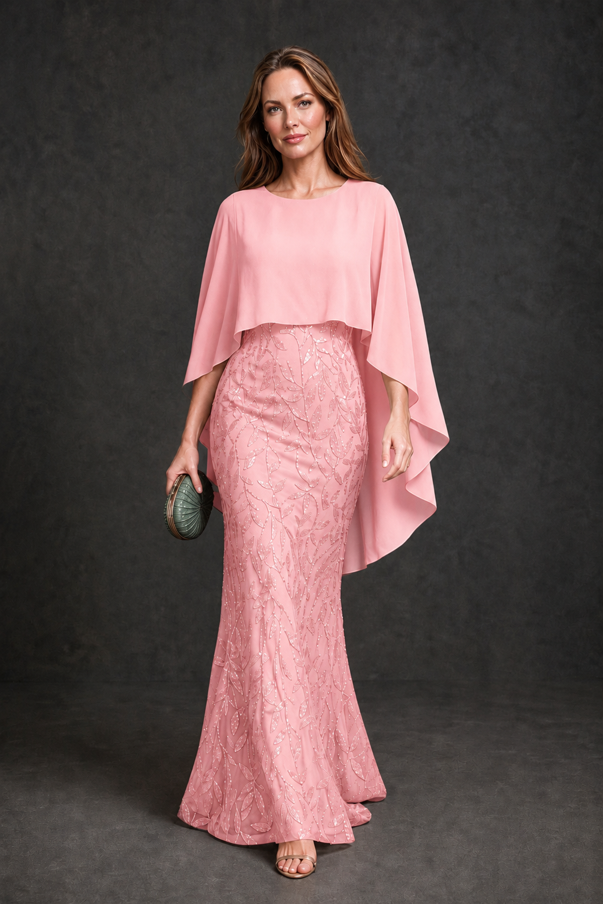 BOLODOO Pink Round Neck Chiffon Cape Overlay Sequin Lace Mermaid Maxi Dress - Pink - Pink_2