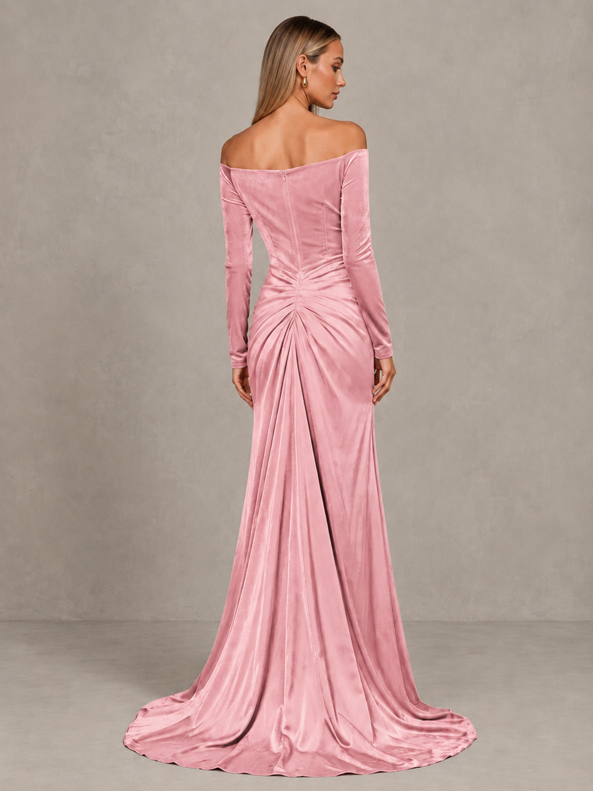 BOLODOO Pink Off-Shoulder Velvet Evening Gown with High Slit - Pink - Pink_2