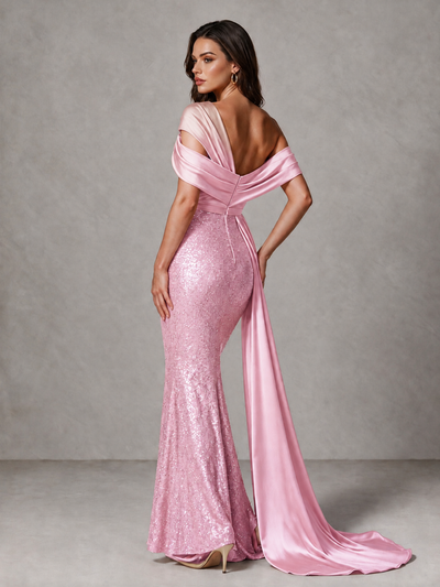 BOLODOO Pink Sequin Mermaid Evening Dress with Off-Shoulder Satin Drape and Sweep Train - Pink - Pink_2