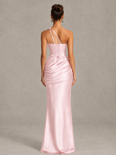 BOLODOO Pink One-Shoulder Cutout Satin Mermaid Prom Dress - Pink - Pink_2