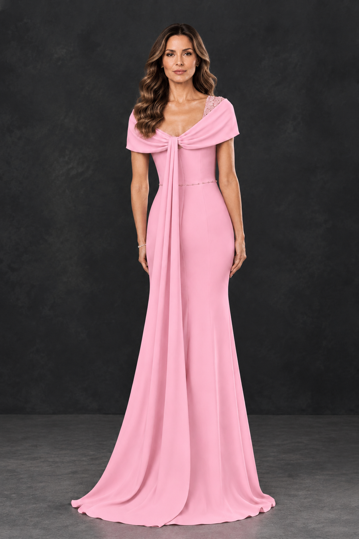 BOLODOO Pink Mother of the Bride Dress with Draped Cape Detail - Pink - Pink_2