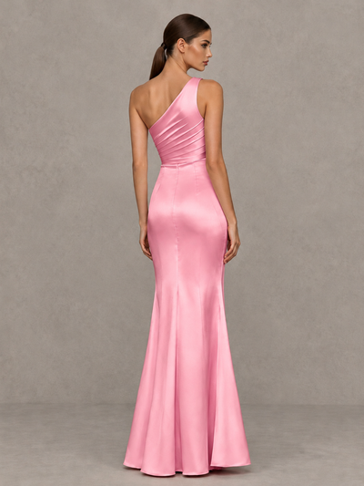 BOLODOO Pink One-Shoulder Ruched Satin-Look Evening Gown with High Slit - Pink - Pink_2
