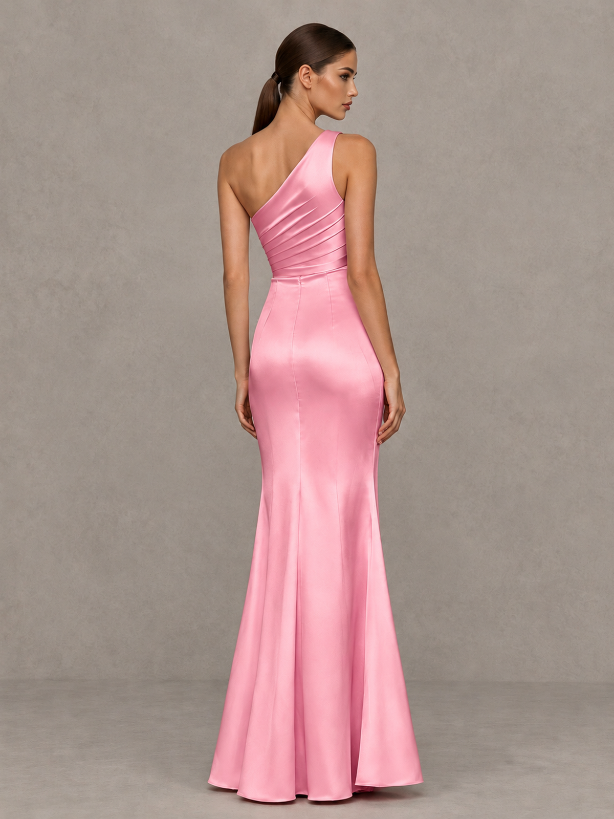 BOLODOO Pink One-Shoulder Ruched Satin-Look Evening Gown with High Slit - Pink - Pink_2