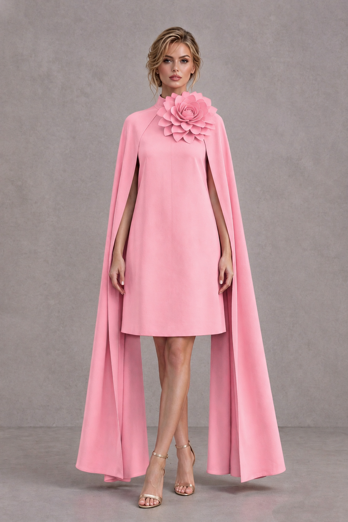 BOLODOO Pink High Neck Floral Cape Mini Cocktail Dress - Pink - Pink_2