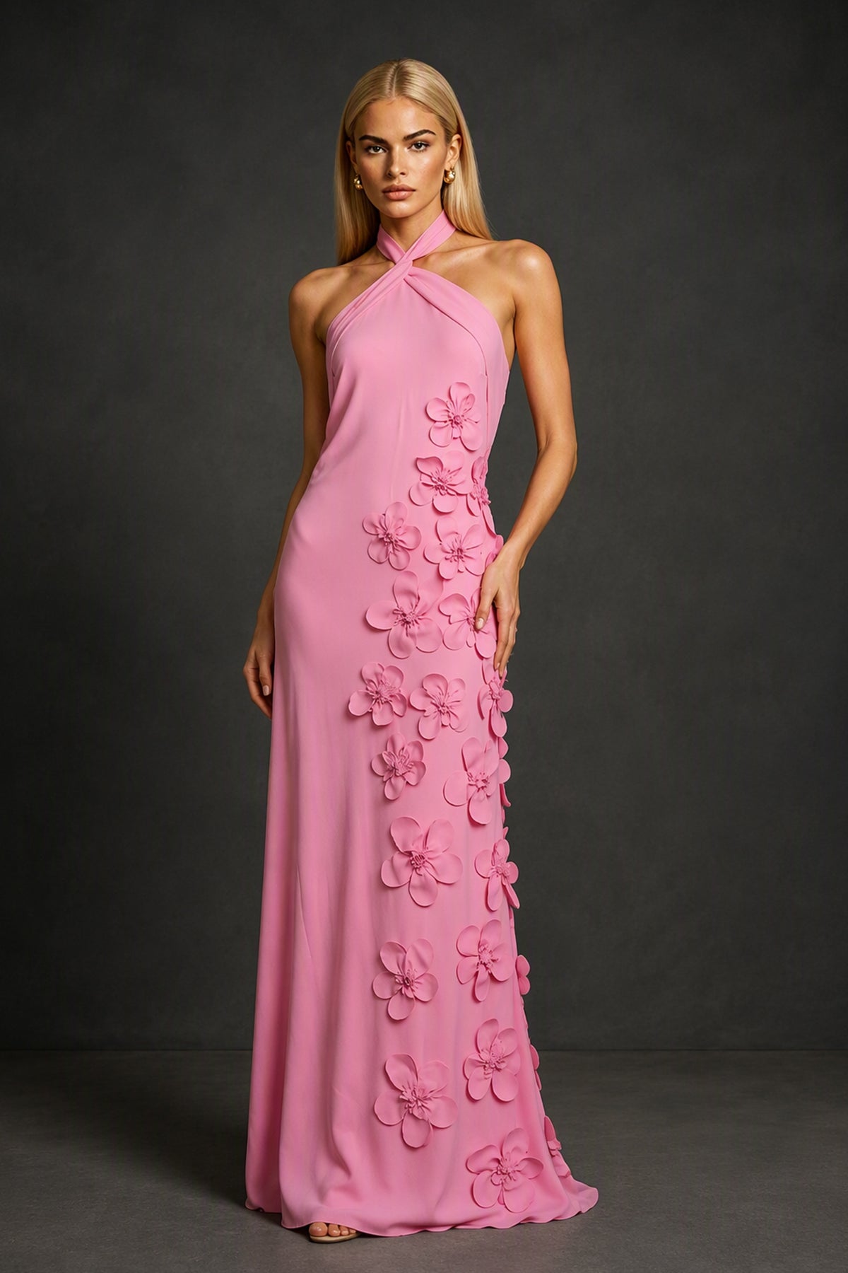 BOLODOO Pink Cross Halter Neck 3D Floral Appliqué Backless Mermaid Maxi Gown - Pink