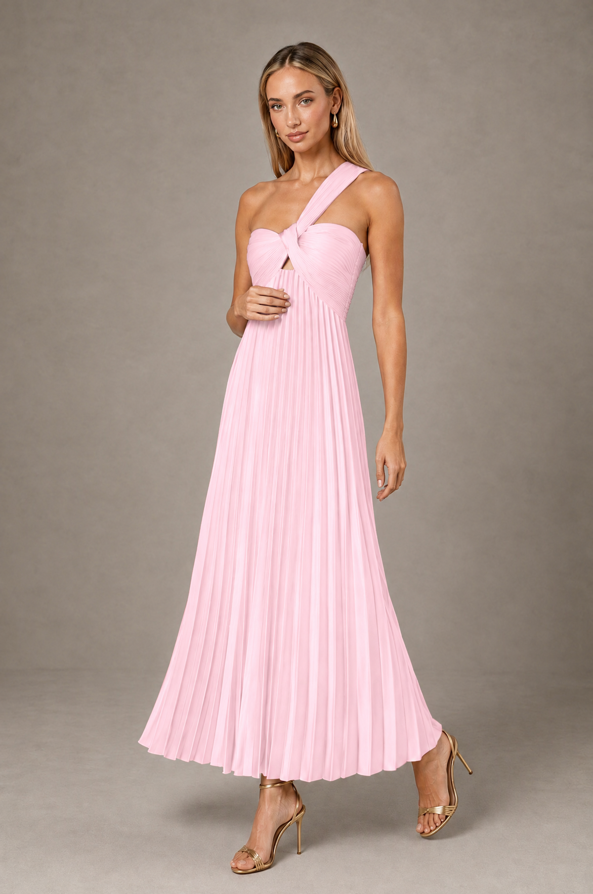 BOLODOO Pink One-Shoulder Twist Knot Pleated Satin Midi Dress with Cutout - Pink - Pink_3