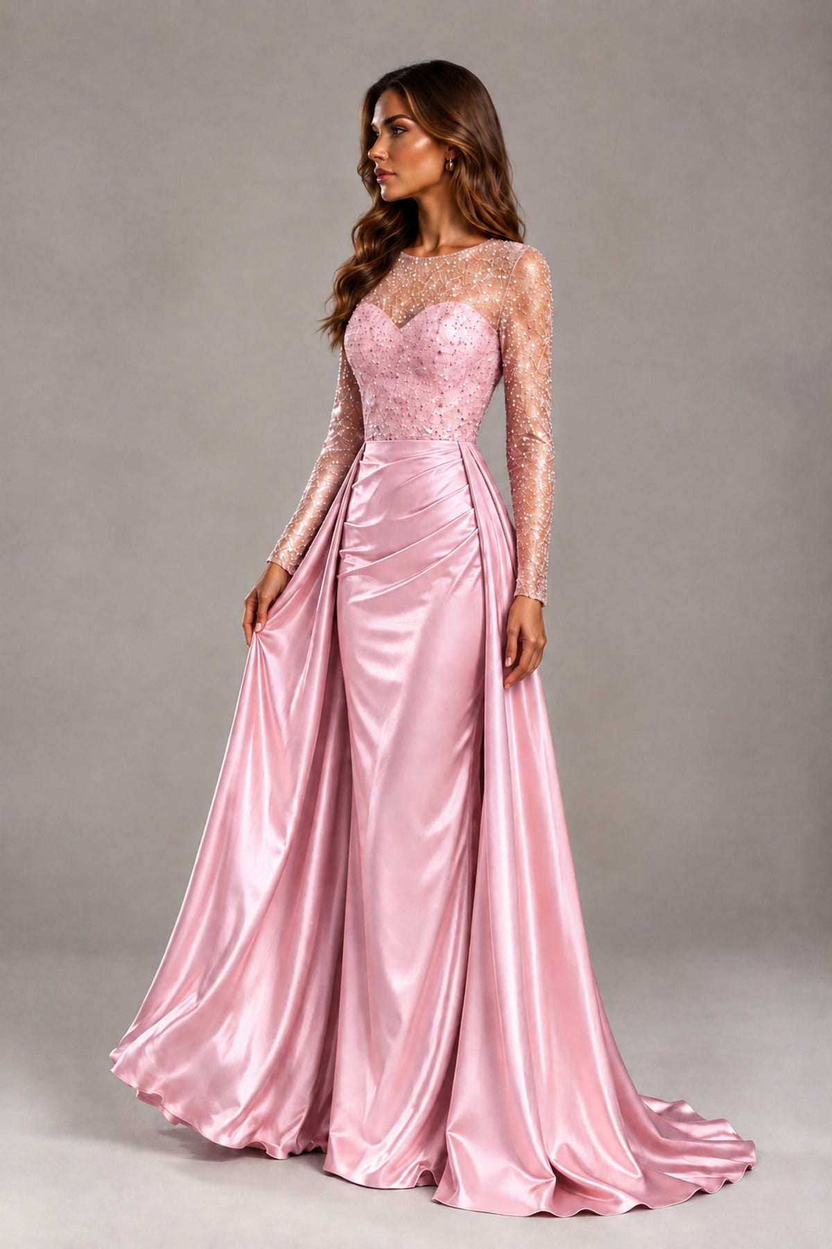 BOLODOO Pink Long Sleeve Embellished Satin Evening Gown with Sweep Train - Pink - Pink_3