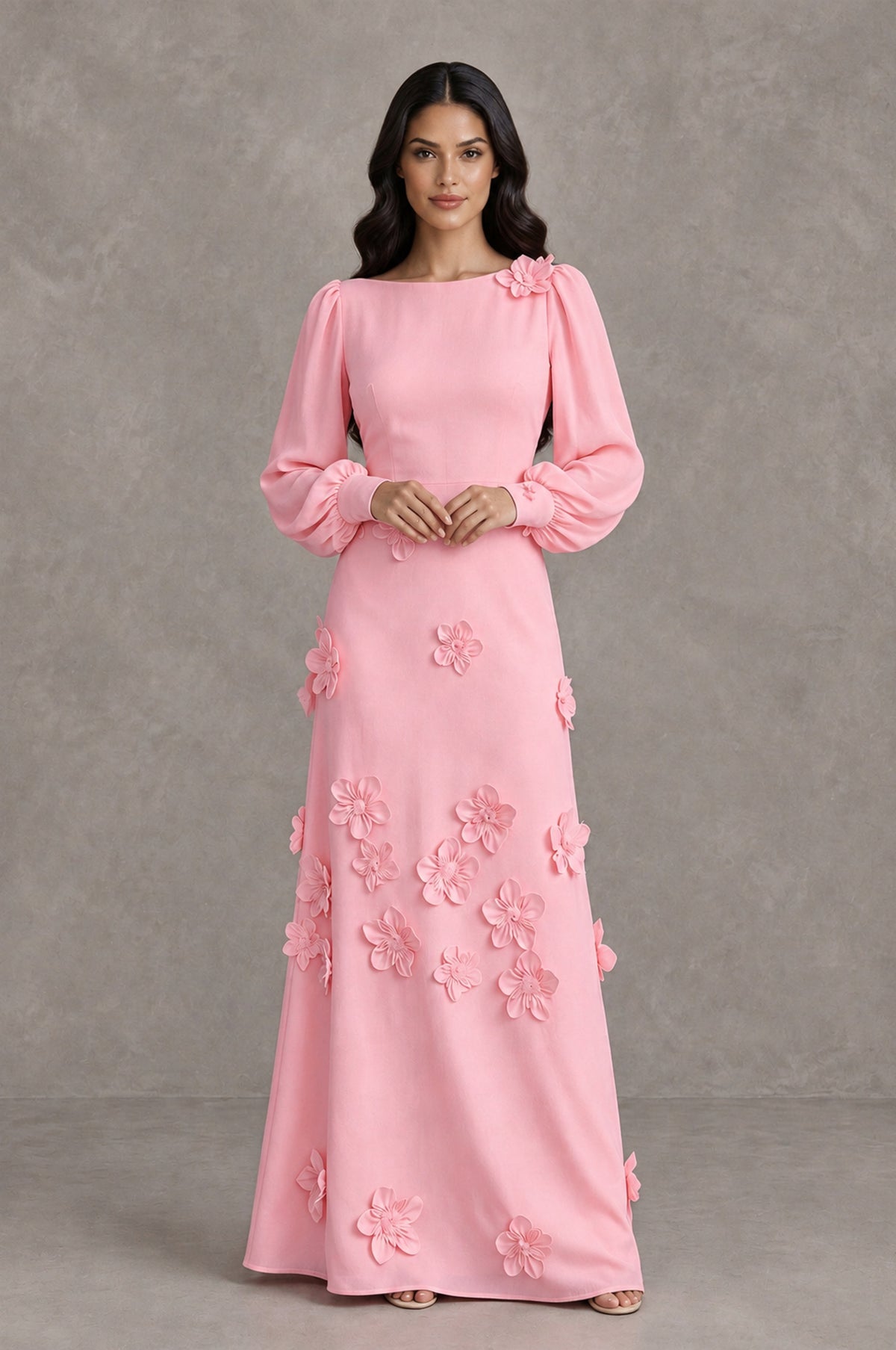 BOLODOO Pink Long Sleeve Floral Applique A-Line Evening Dress - Pink - Pink_3