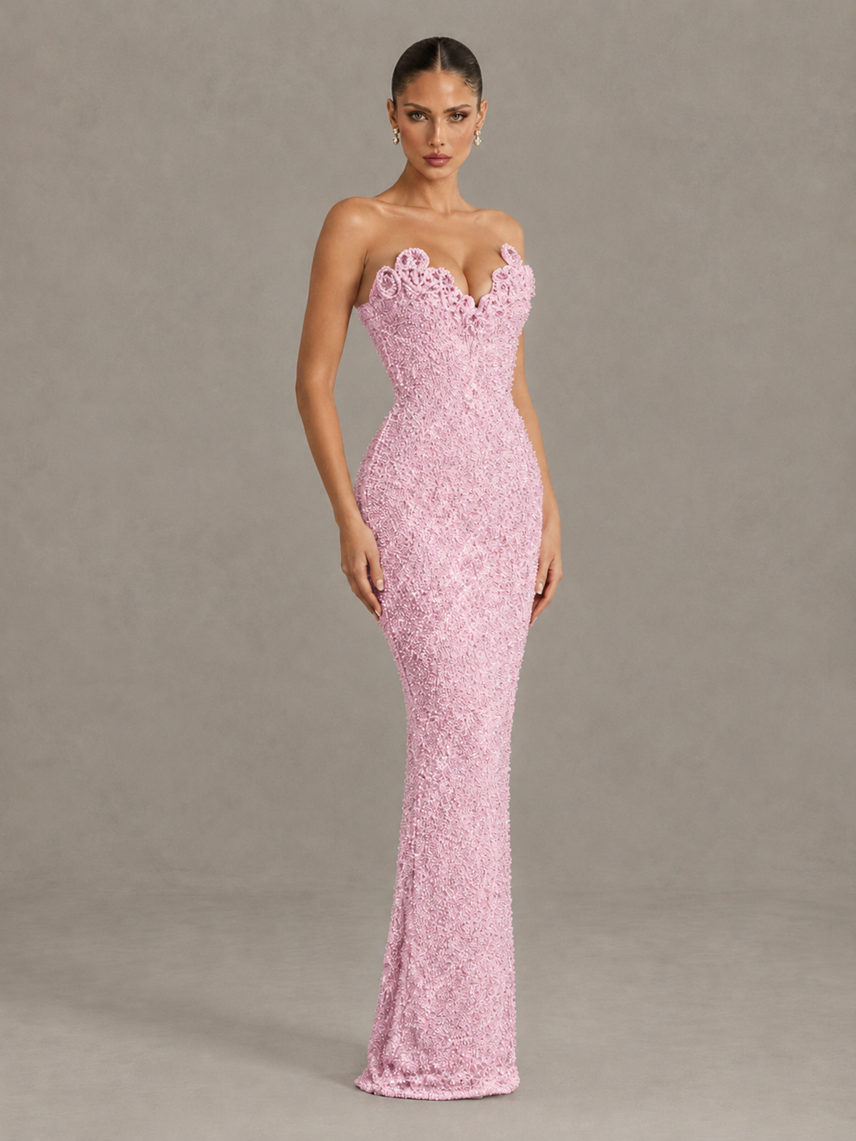 BOLODOO Pink Strapless Sequin Evening Gown with Floral Neckline - Pink - Pink_3