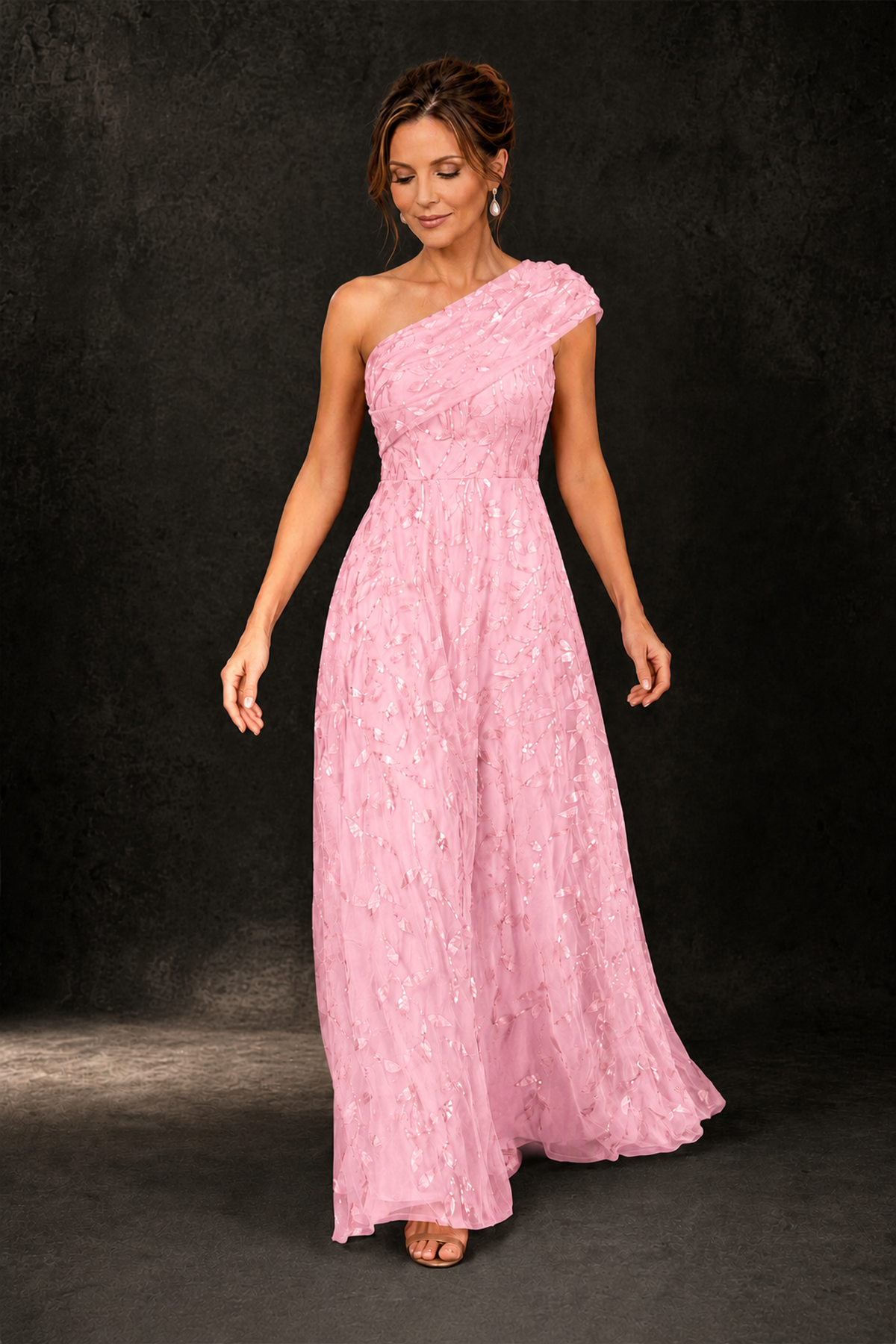 BOLODOO Pink Leaf Sequin One-Shoulder A-Line Maxi Gown – Mother of the Bride & Formal Evening Dress - Pink - Pink_3