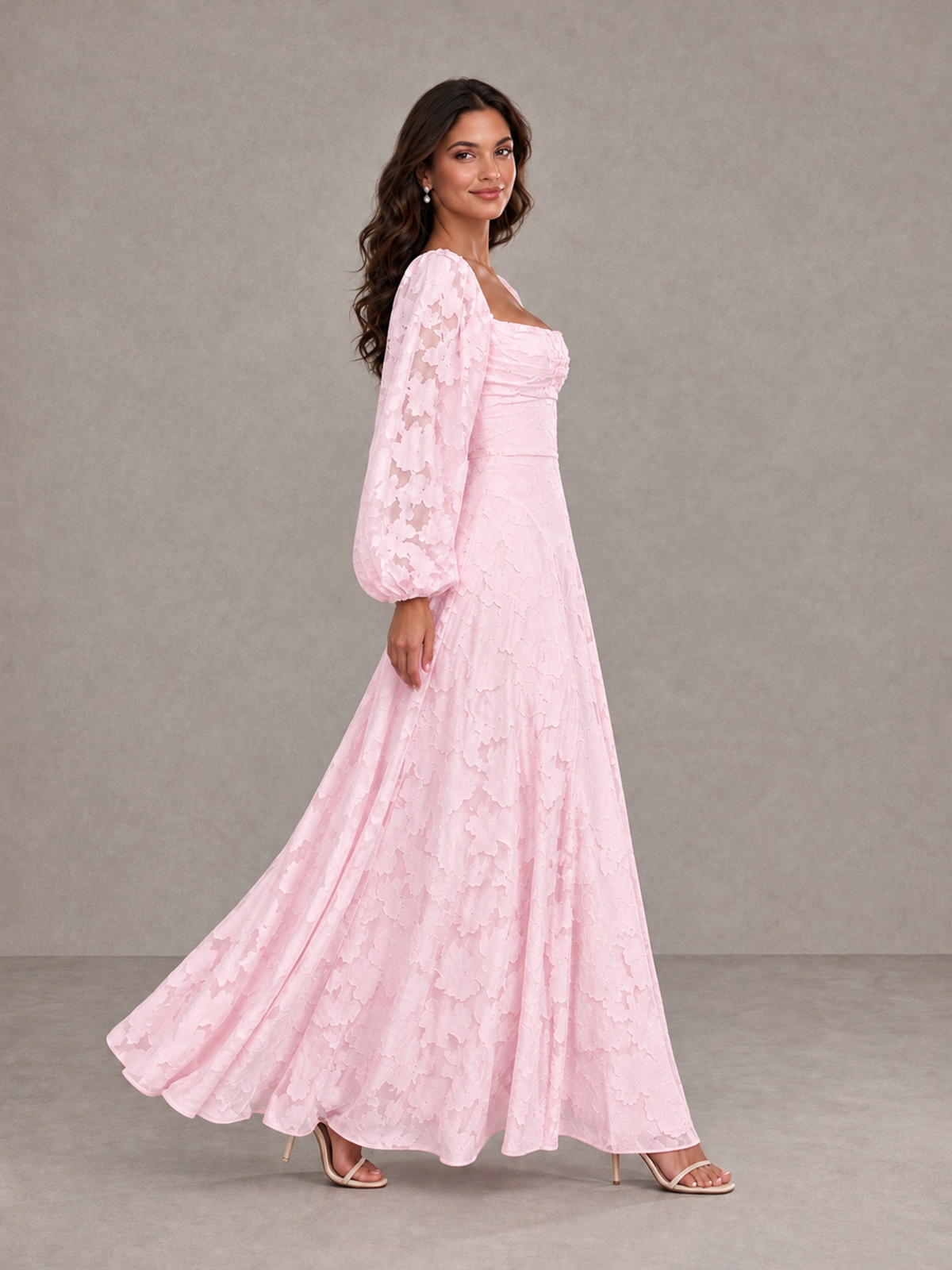 BOLODOO Pink Floral Long Sleeve A-Line Bridesmaid Dress - Pink - Pink_3