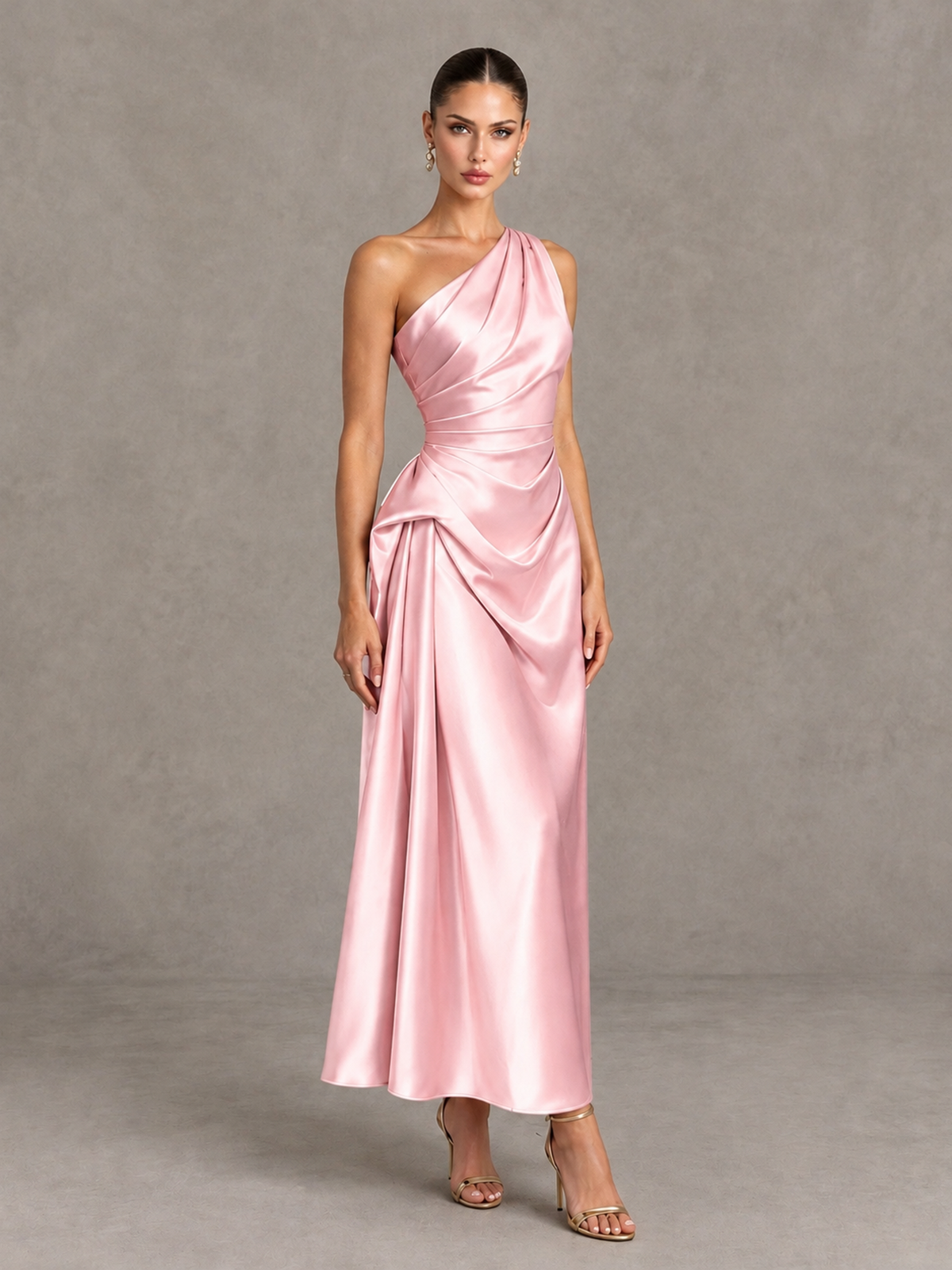 BOLODOO Pink One Shoulder Satin Cocktail Dress with Draped A-Line Skirt - Pink - Pink_3