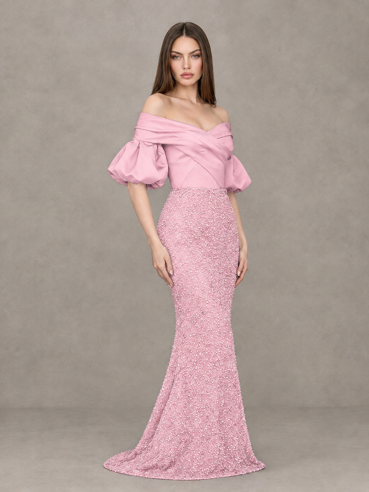 BOLODOO Pink Off-Shoulder Puff Sleeve Sequin Mermaid Evening Dress - Pink - Pink_3