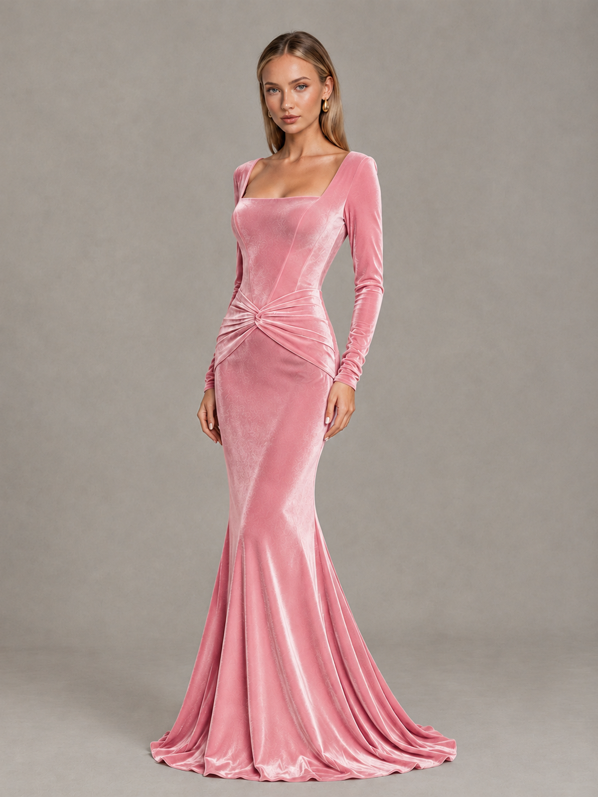 BOLODOO Pink Velvet-Look Square Neck Long Sleeve Mermaid Evening Dress - Pink - Pink_3