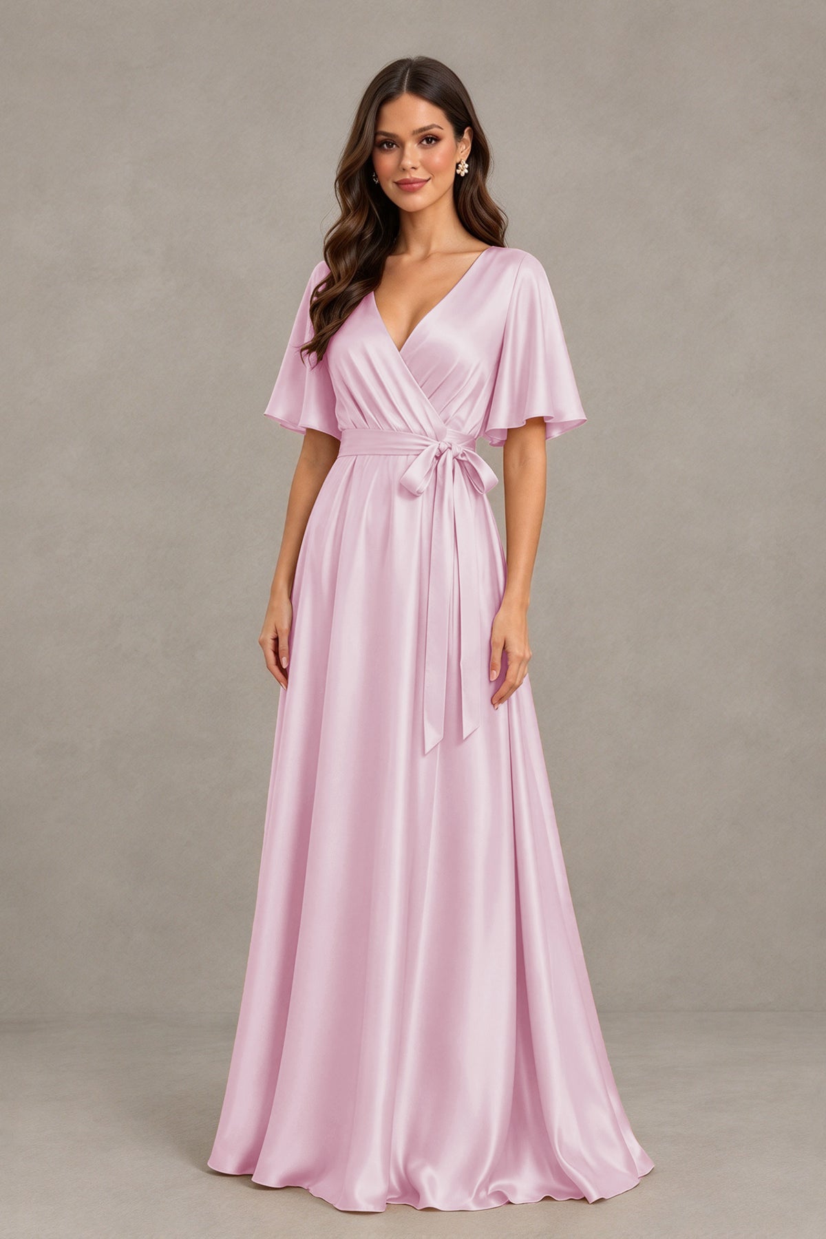 BOLODOO Pink Satin V-Neck Flutter Sleeve Bridesmaid Dress with Slit - Pink - Pink(3)
