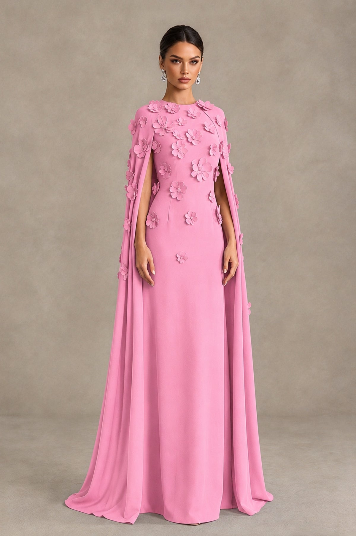 BOLODOO Pink 3D Floral Applique Cape Formal Dress - Pink - Pink_3