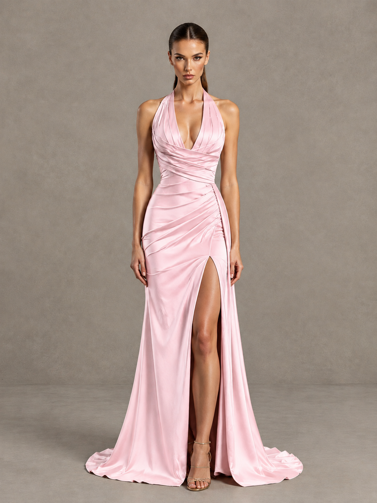 BOLODOO Pink Halter Satin Evening & Prom Dress with High Slit - Pink - Pink_3