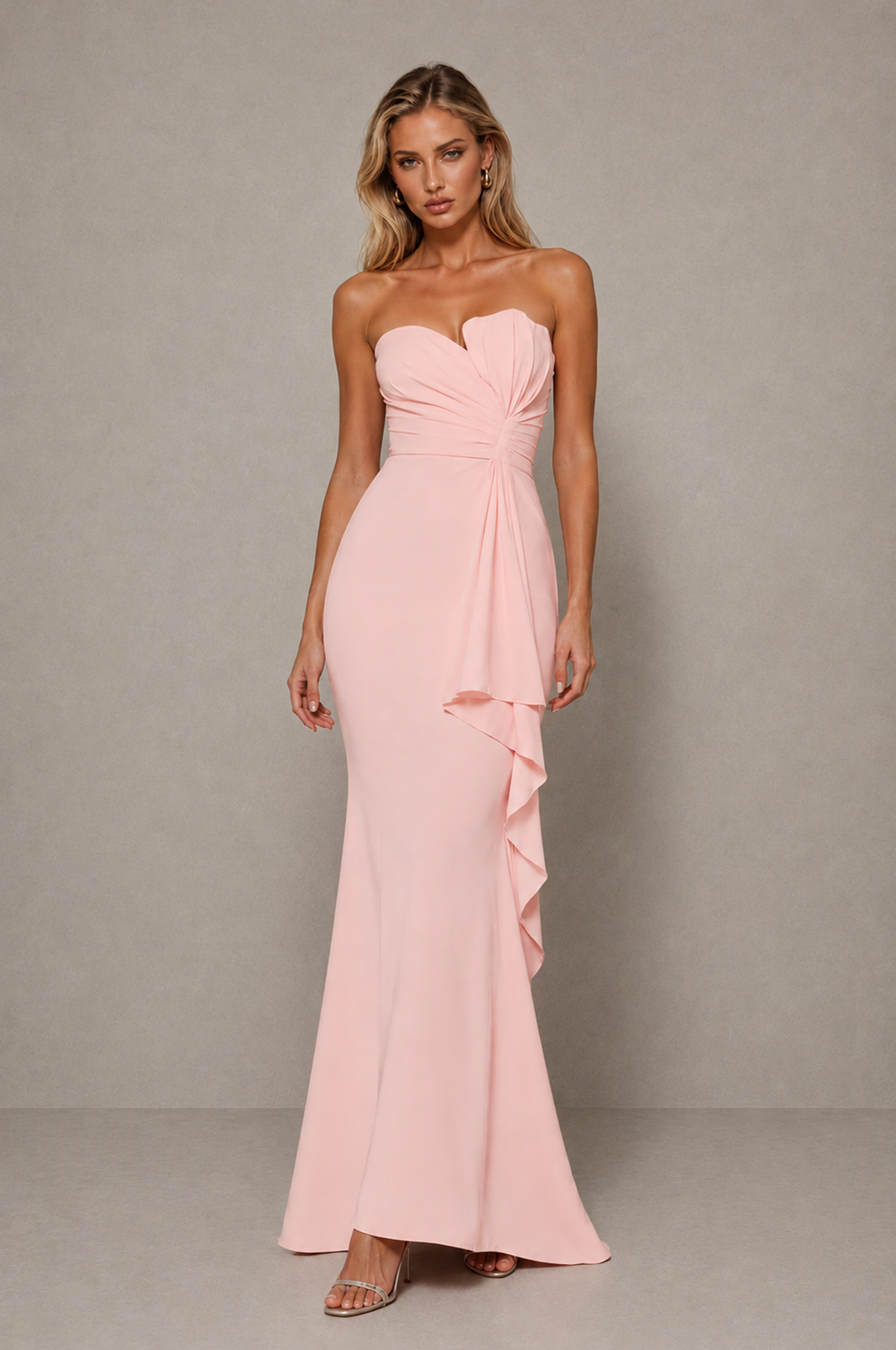 BOLODOO Pink Strapless Sweetheart Ruched Mermaid Gown | Cascade Drape Formal Evening Dress - Pink - Pink_3