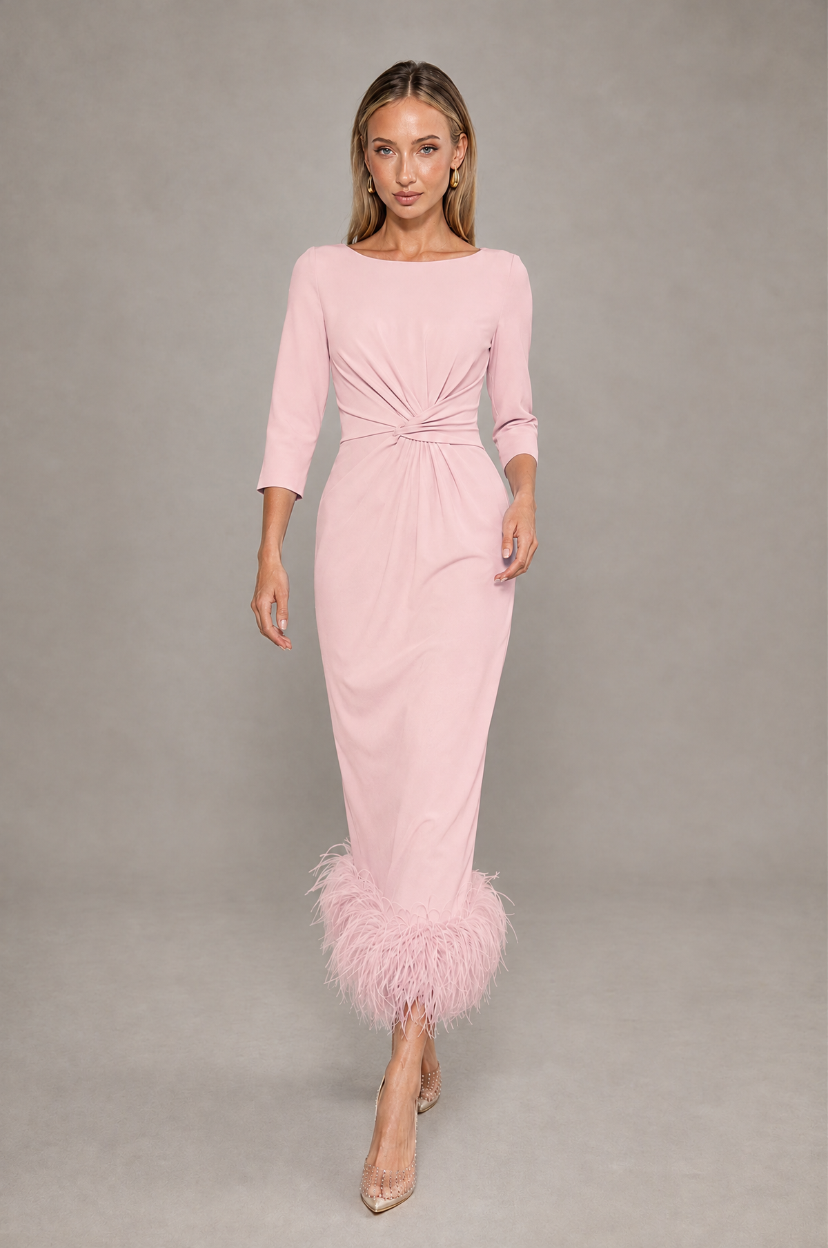 BOLODOO Pink Feather-Trim Twist-Waist Midi Dress - Pink - Pink_3