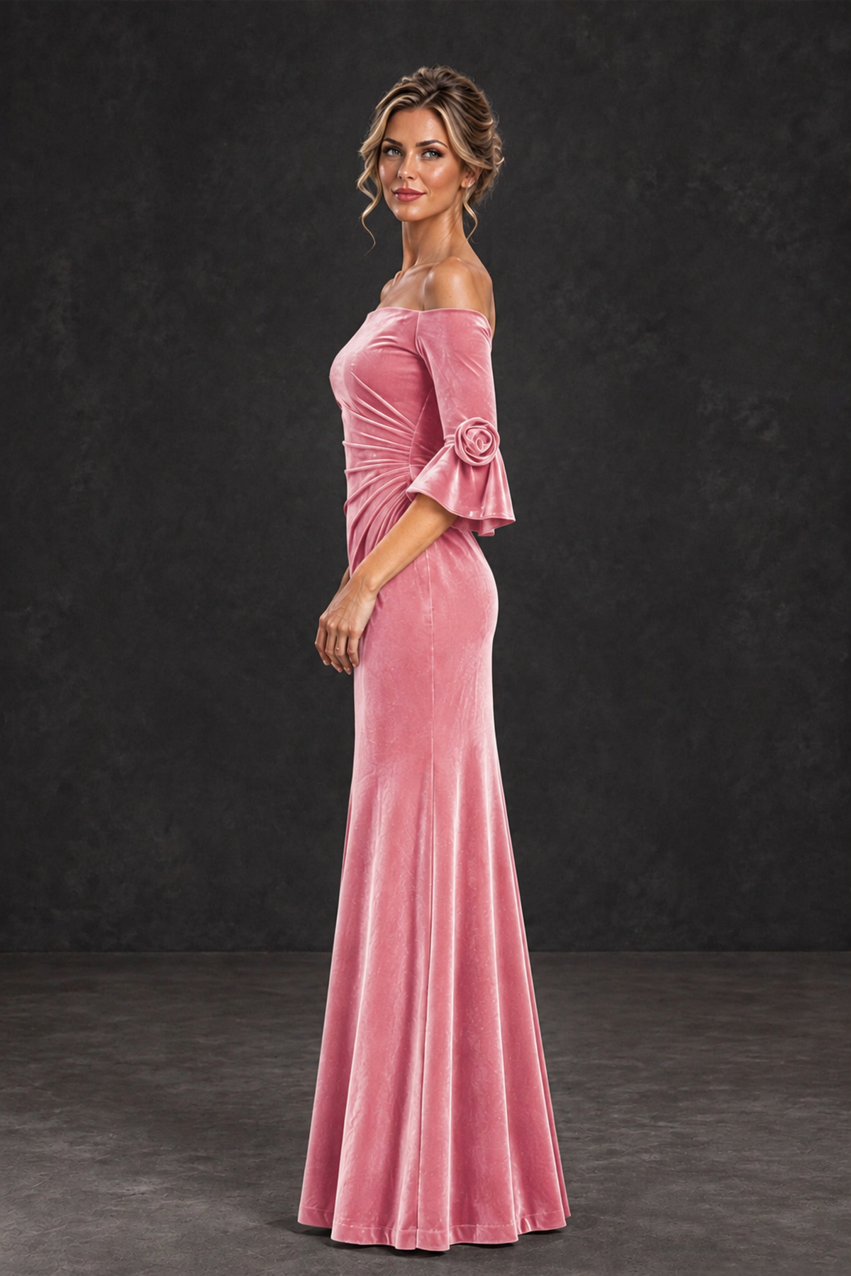 BOLODOO Pink Velvet Off-Shoulder Mother of the Bride Dress – 3/4 Floral Cuff Sleeve Mermaid Evening Gown - Pink - Pink_3