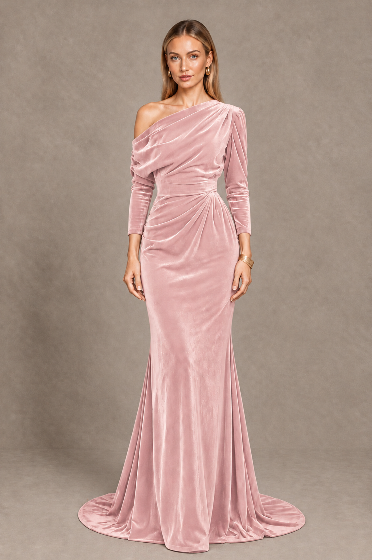 BOLODOO Pink Velvet Asymmetric Neck Mermaid Evening Dress - Pink - Pink_3