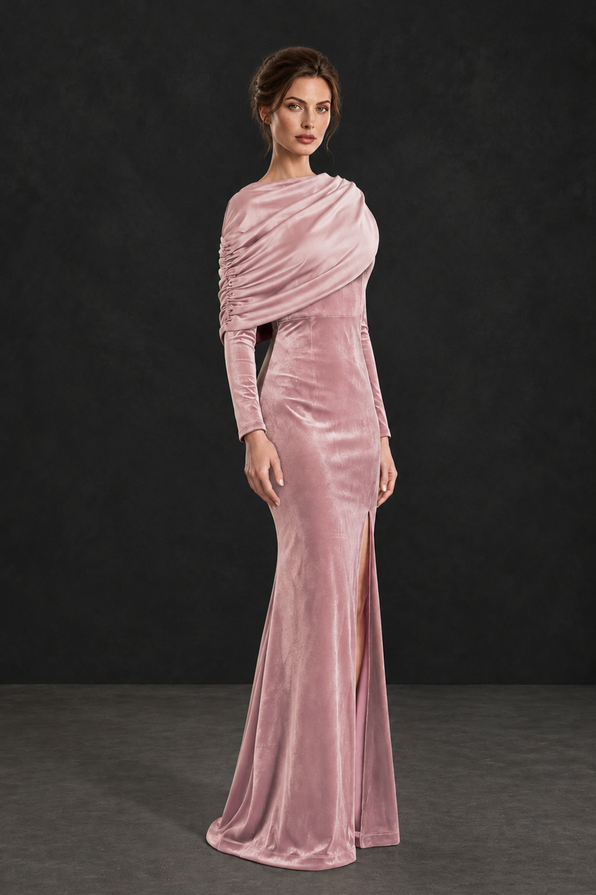 BOLODOO Pink Velvet Long Sleeve Draped Mother of the Bride Dress - Pink - Pink_3