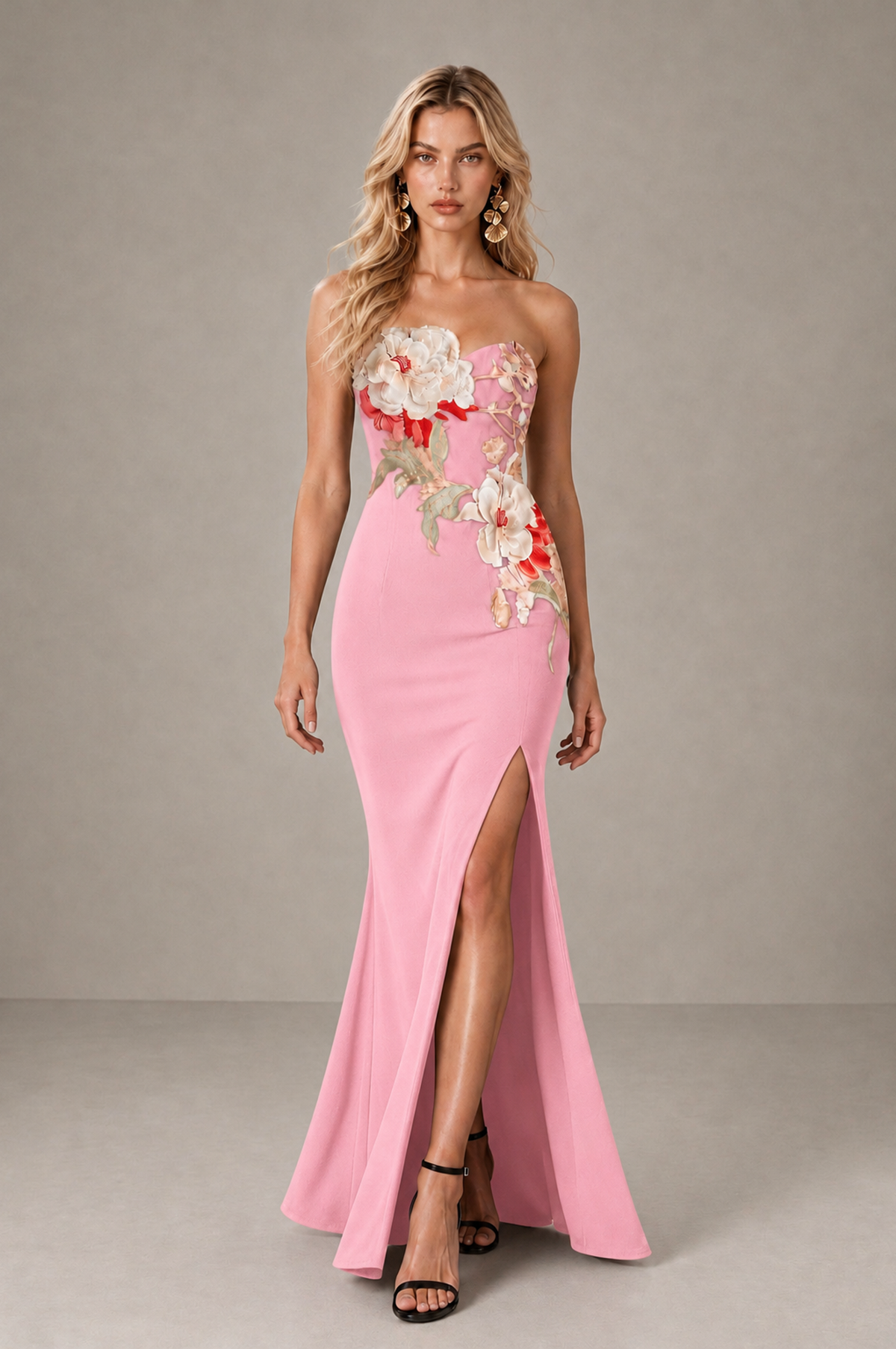 BOLODOO Pink Strapless Floral Mermaid Evening Dress with Slit - Pink - Pink_3
