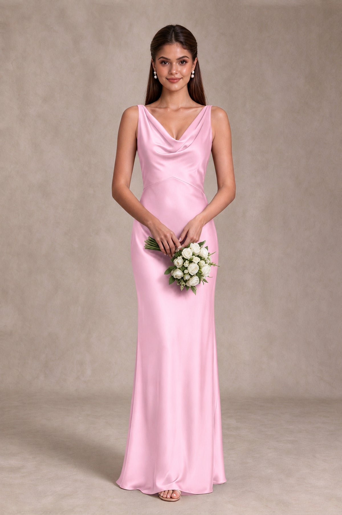 BOLODOO Pink Cowl Neck Open Back Satin Bridesmaid Dress - Pink - Pink_3