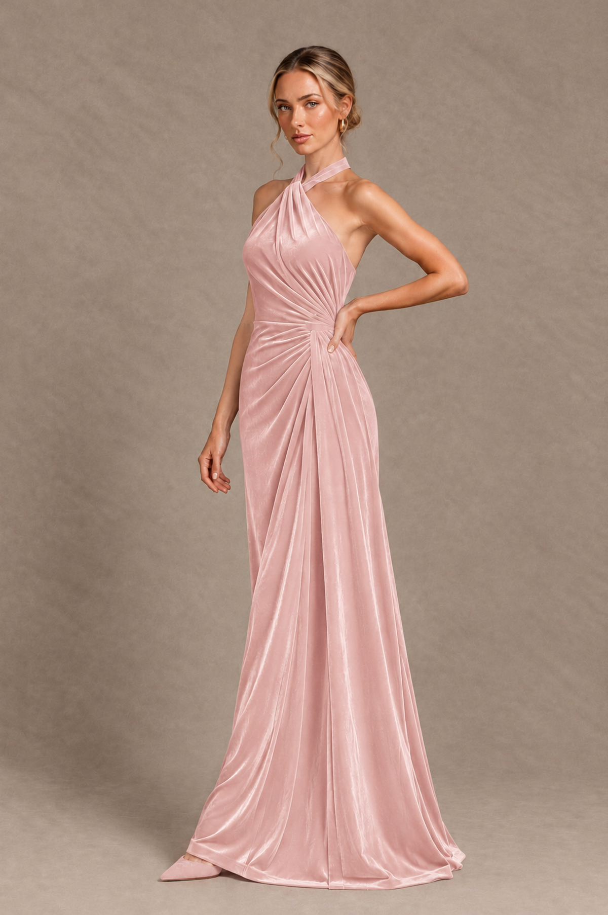 BOLODOO Pink Velvet Halter Open-Back Ruched Evening Dress - Pink - Pink_3