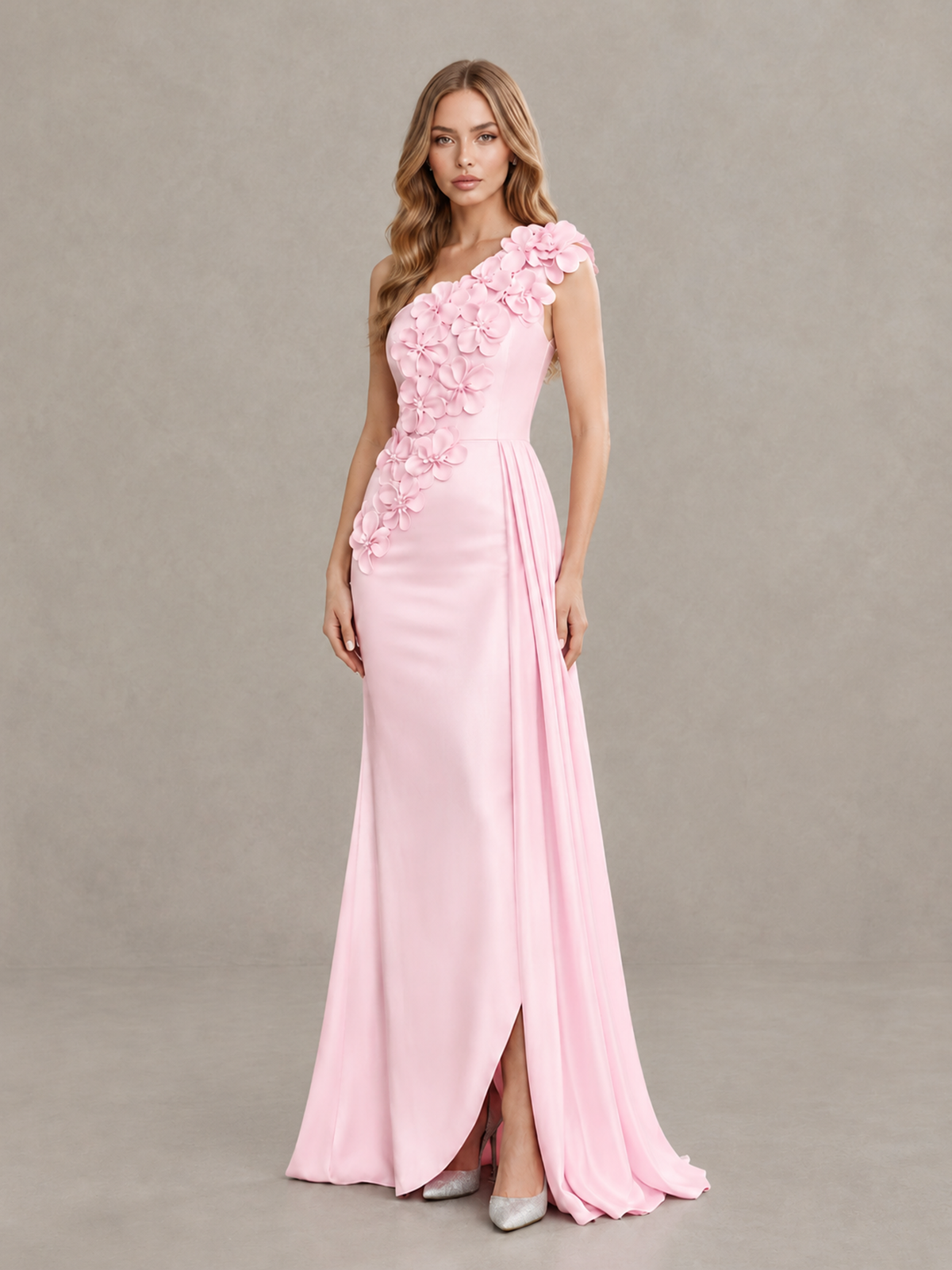 BOLODOO Pink One-Shoulder Satin Mermaid Evening Gown with 3D Floral Appliqué - Pink - Pink_3