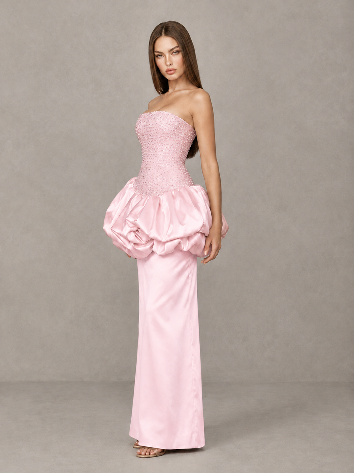 BOLODOO Pink Strapless Embellished Bubble Peplum Evening Dress - Pink - Pink_3