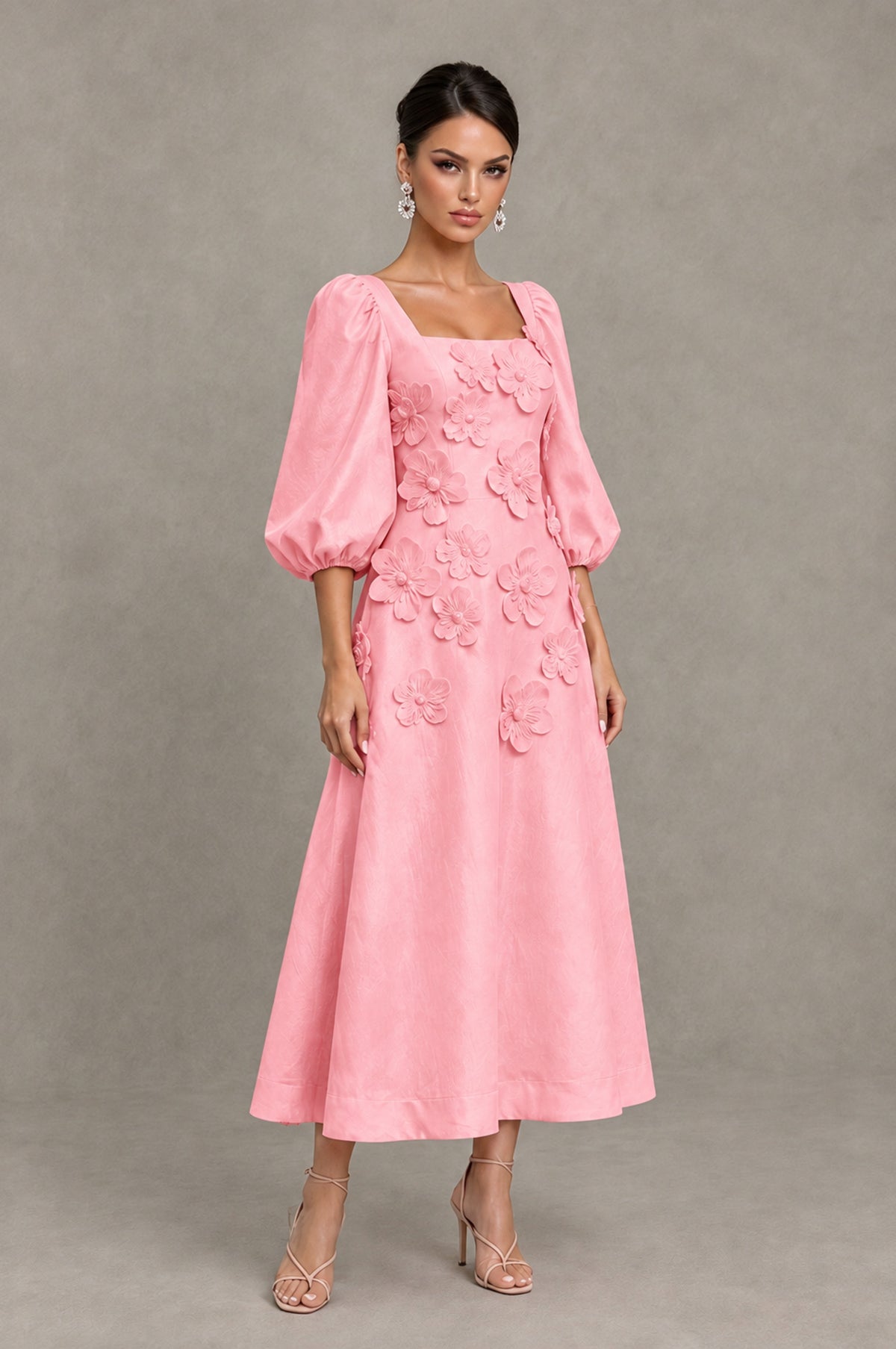 BOLODOO Pink 3D Floral Puff Sleeve Midi Cocktail Dress - Pink - Pink_3