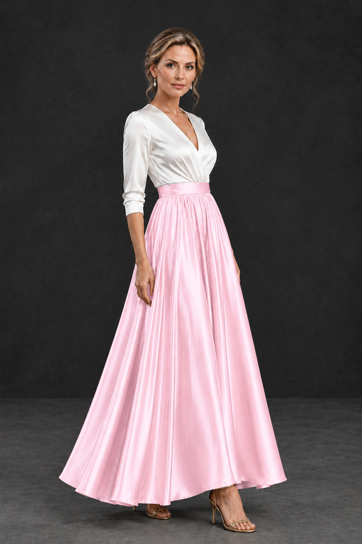 BOLODOO Pink and White V-Neck A-Line Mother of the Bride Dress - Pink - Pink_3